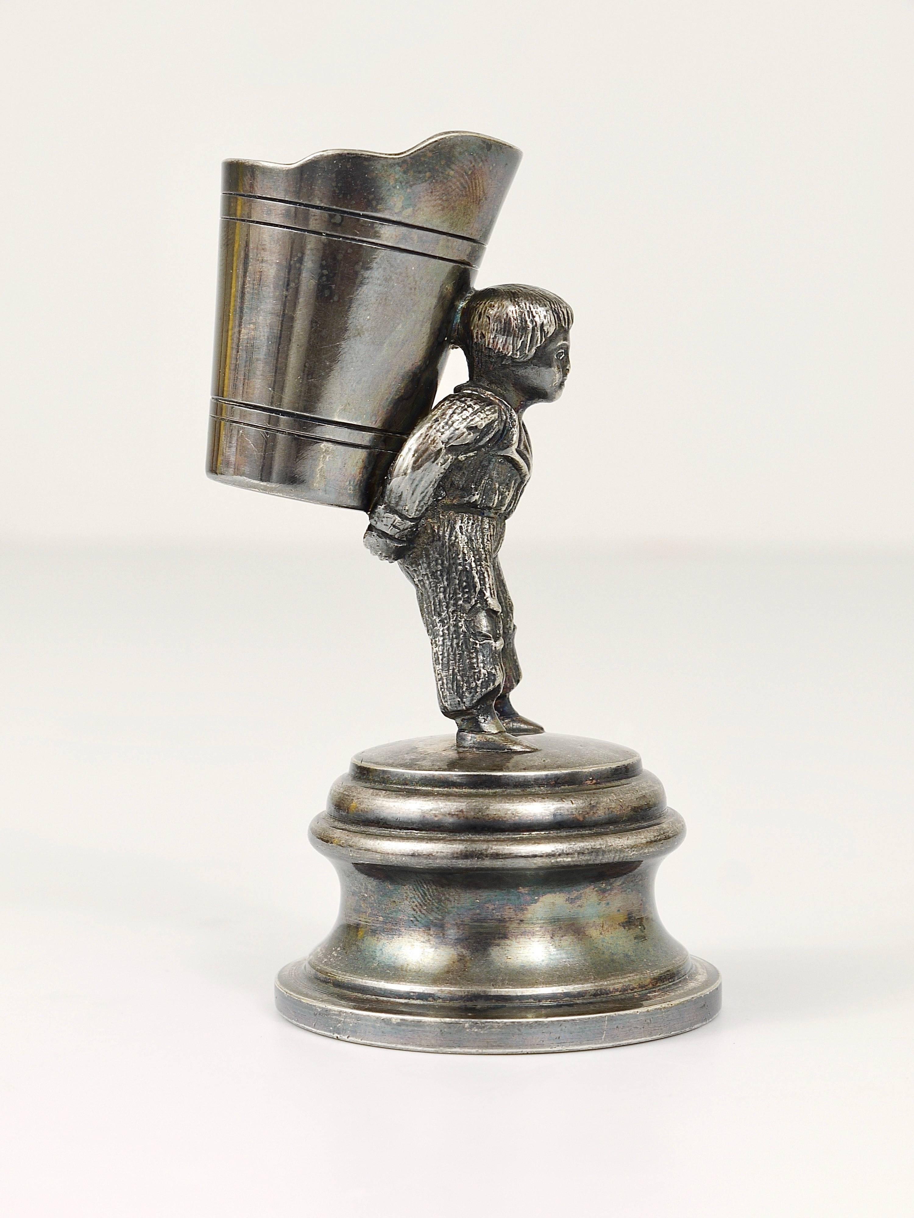 Metal 1920s Silver Art Nouveau Toothpick Holder Displaying a Boy at Grape Harvest For Sale