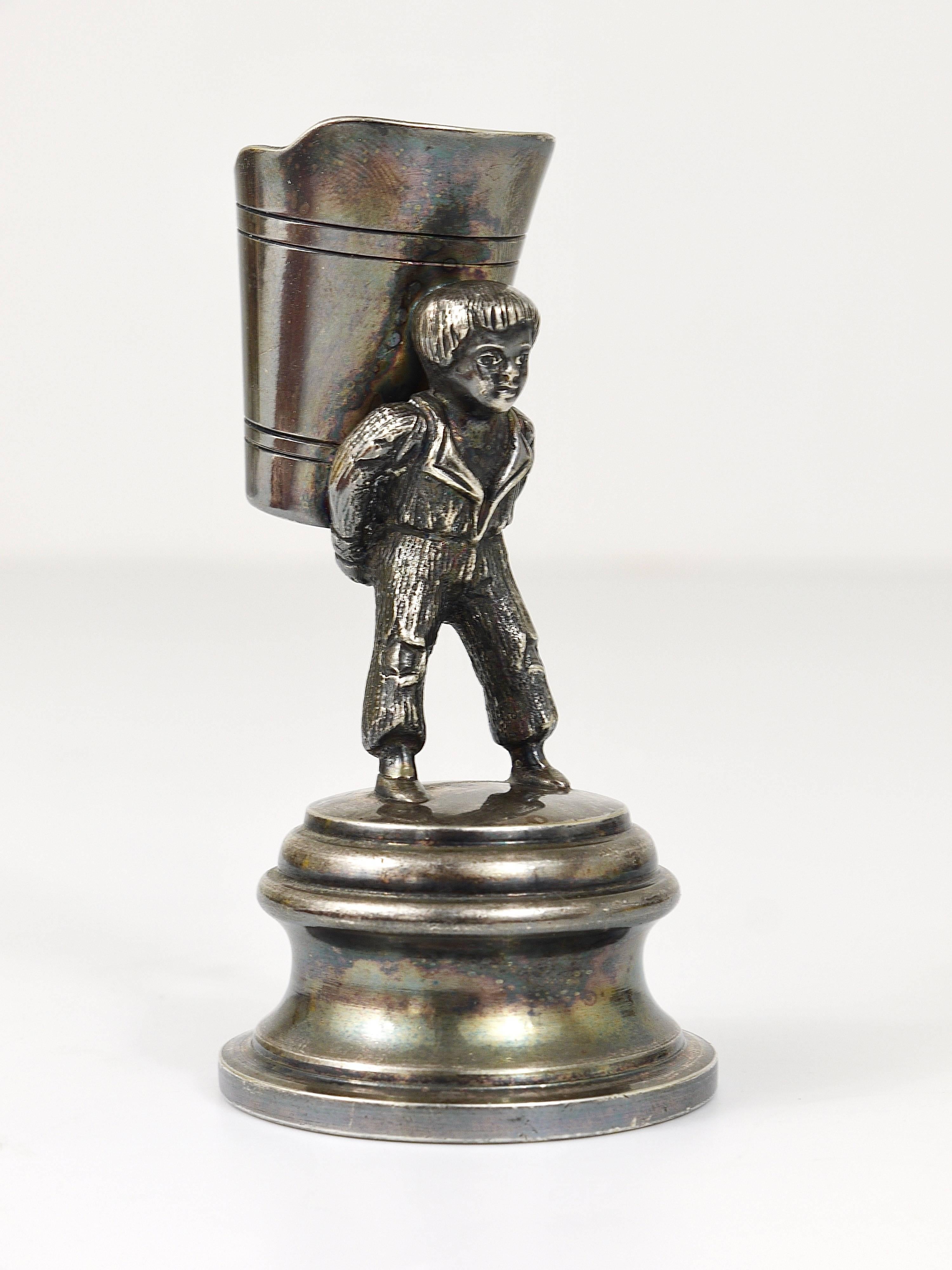 1920s Silver Art Nouveau Toothpick Holder Displaying a Boy at Grape Harvest For Sale 1