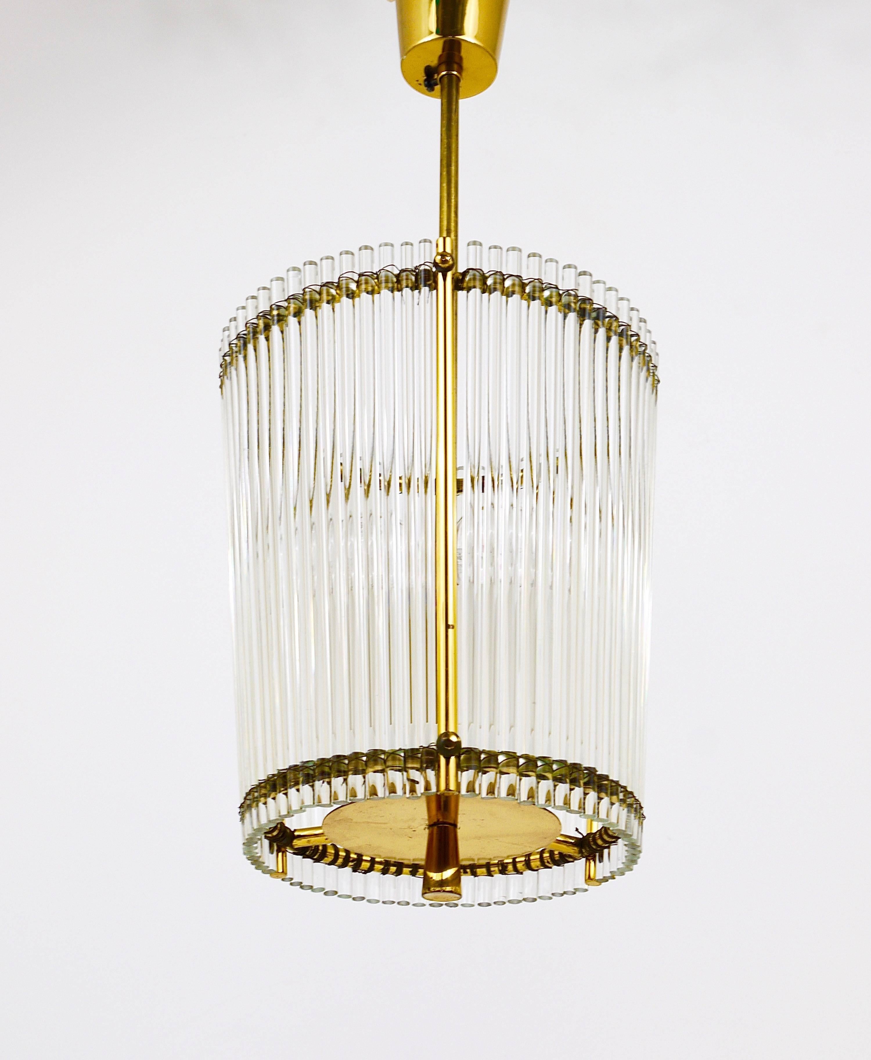 Mid-Century Modern Petite Mid-Century Brass and Glass Rod Drum Chandelier, Italy, 1950s