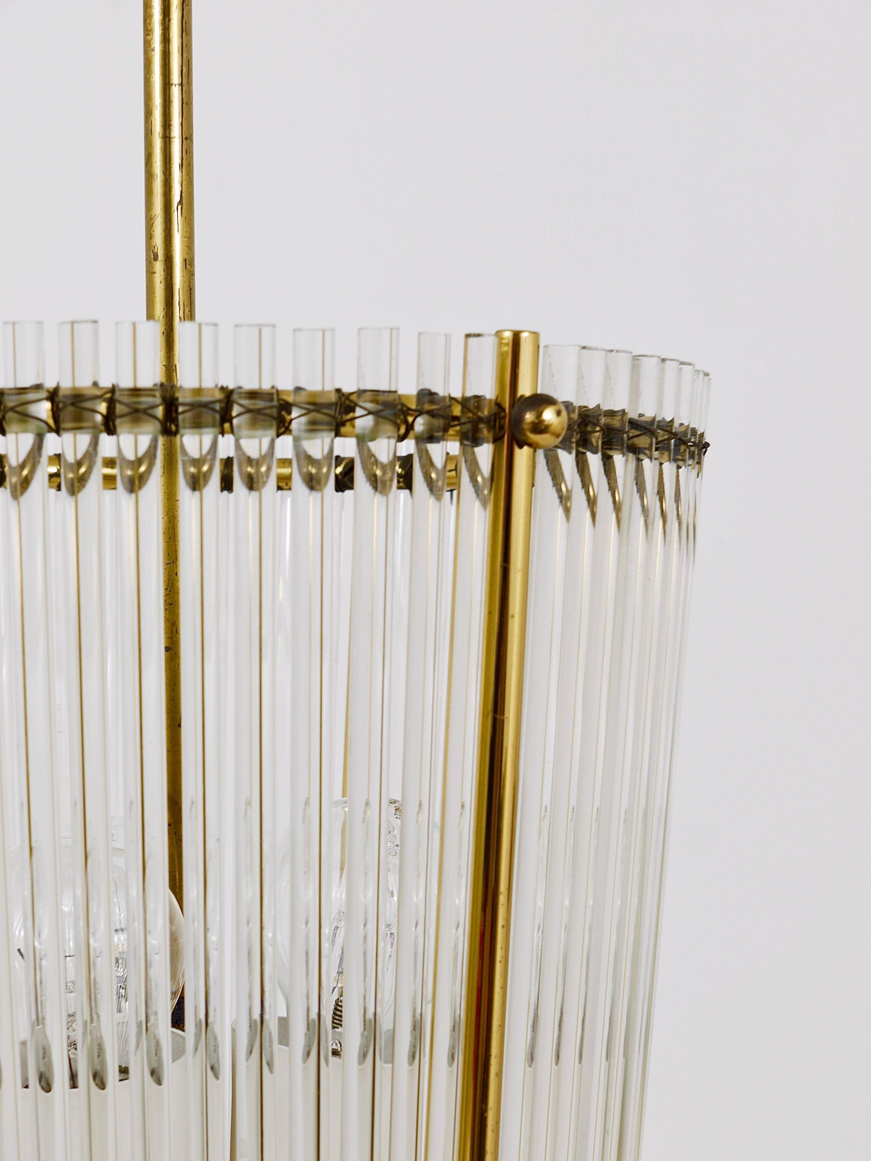Italian Petite Mid-Century Brass and Glass Rod Drum Chandelier, Italy, 1950s
