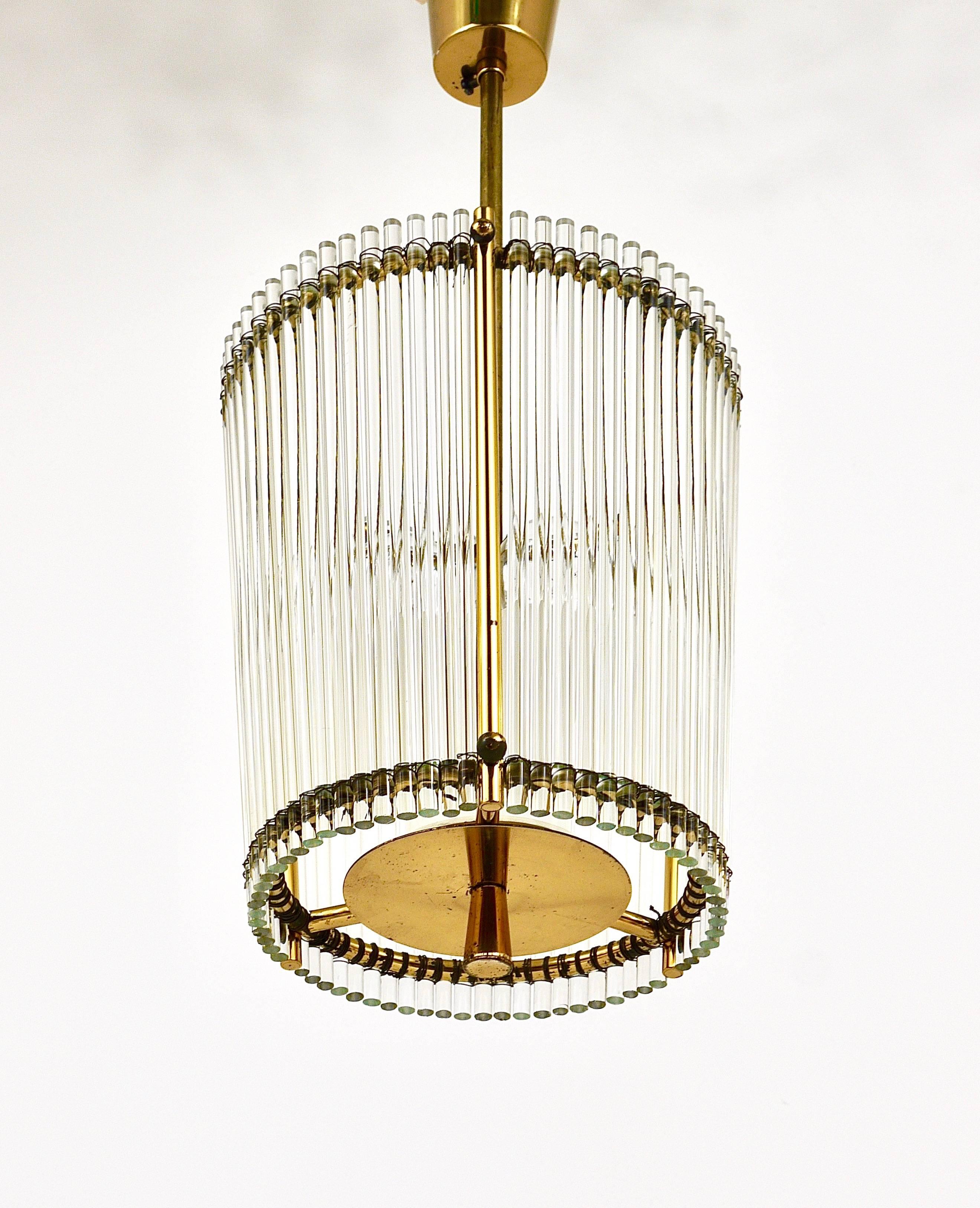 Petite Mid-Century Brass and Glass Rod Drum Chandelier, Italy, 1950s In Good Condition In Vienna, AT