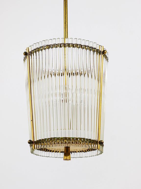 Petite MidCentury Brass and Glass Rod Drum Chandelier, Italy, 1950s at