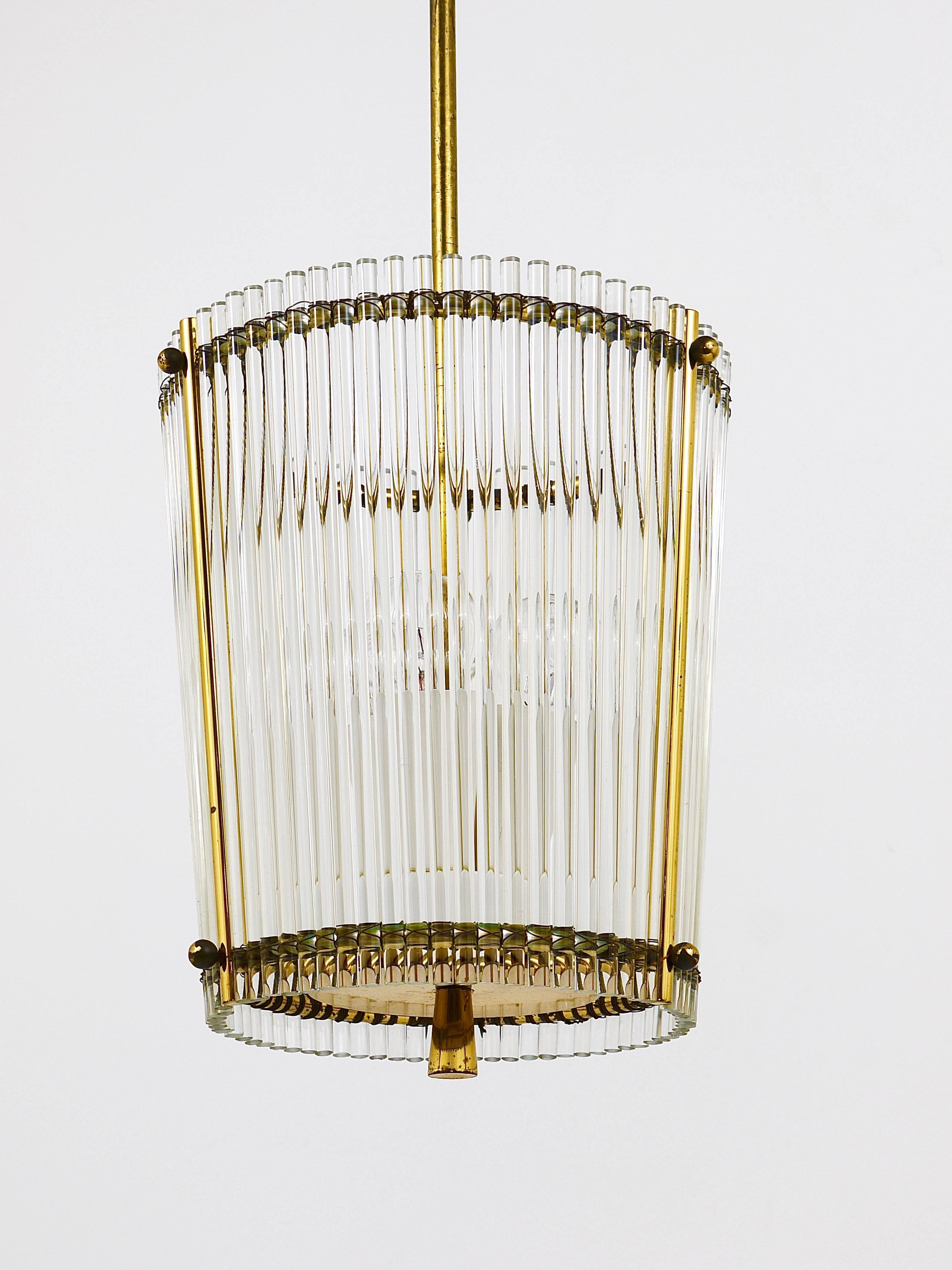 Petite Mid-Century Brass and Glass Rod Drum Chandelier, Italy, 1950s 1