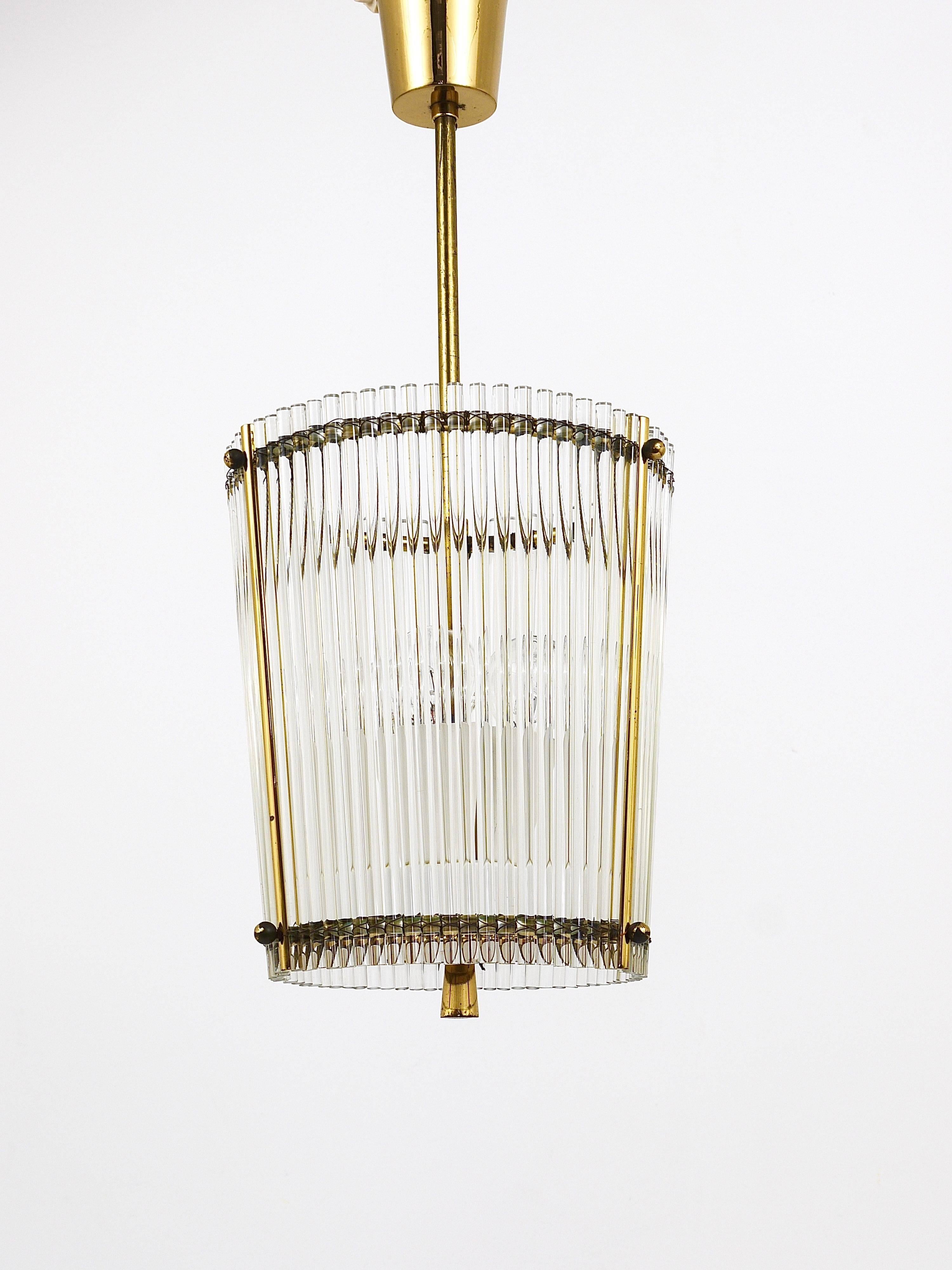 20th Century Petite Mid-Century Brass and Glass Rod Drum Chandelier, Italy, 1950s