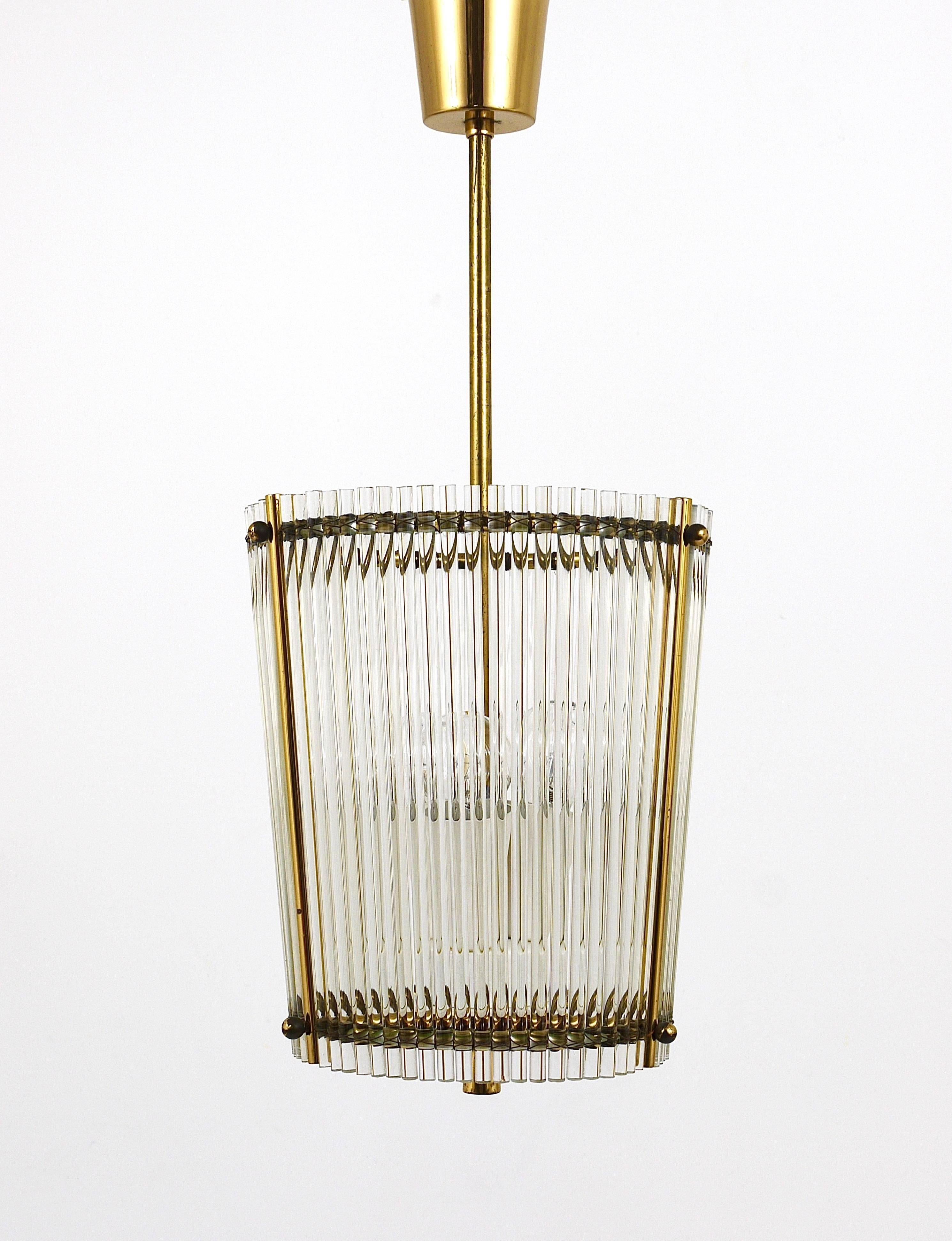 Petite Mid-Century Brass and Glass Rod Drum Chandelier, Italy, 1950s 2