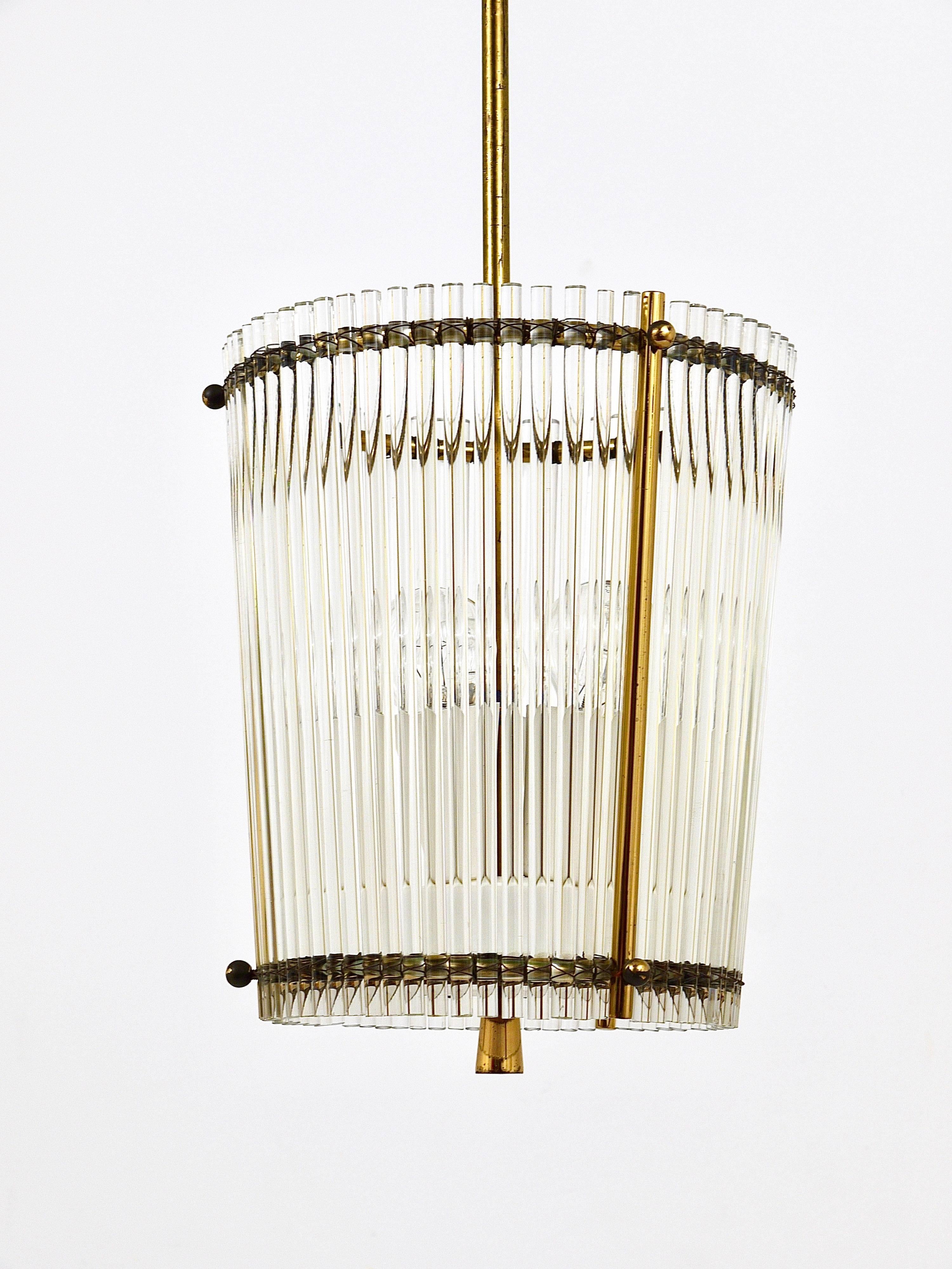 Petite Mid-Century Brass and Glass Rod Drum Chandelier, Italy, 1950s 4