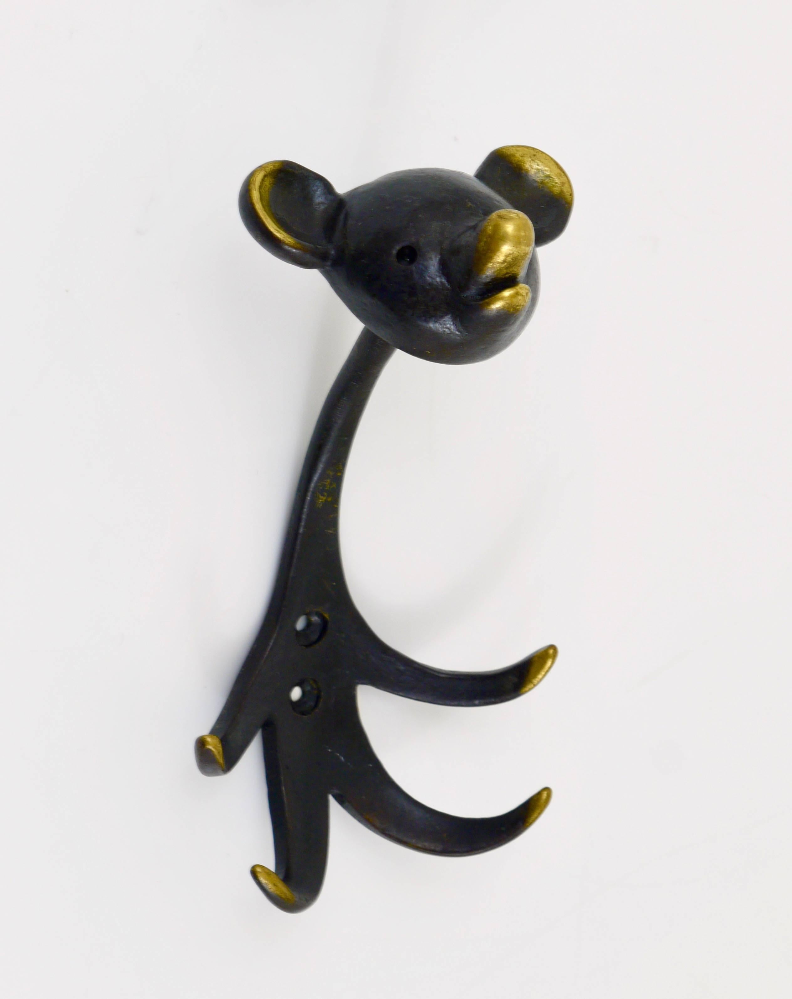 Two  Walter Bosse Brass Wall Hooks Displaying a Bear, Austria, 1950s In Excellent Condition In Vienna, AT
