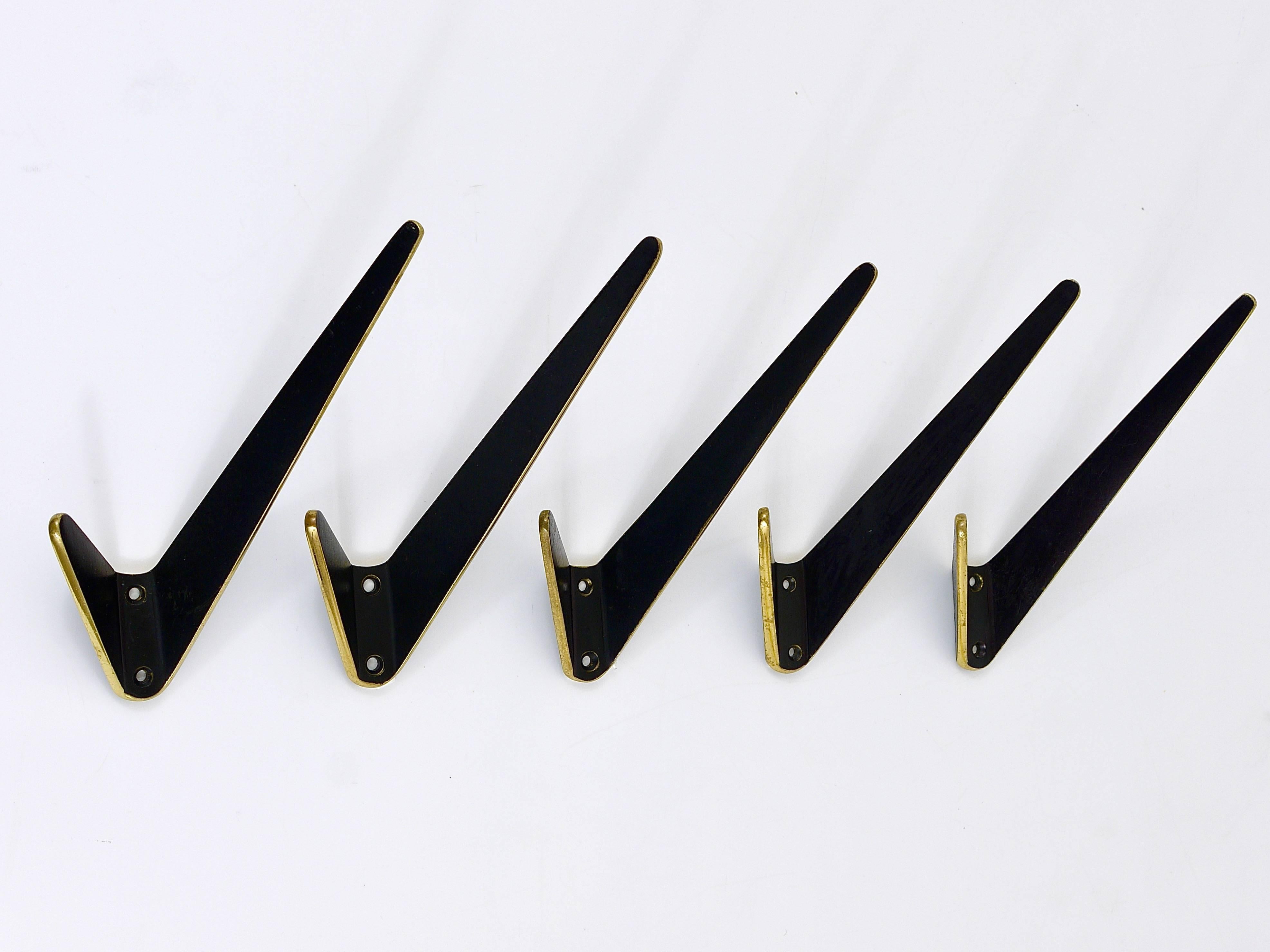 Up to Eight Asymmetrical Midcentury Black Brass Wall Hooks, Austria, 1950s For Sale 1
