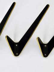Up to Eight Asymmetrical Midcentury Black Brass Wall Hooks, Austria, 1950s