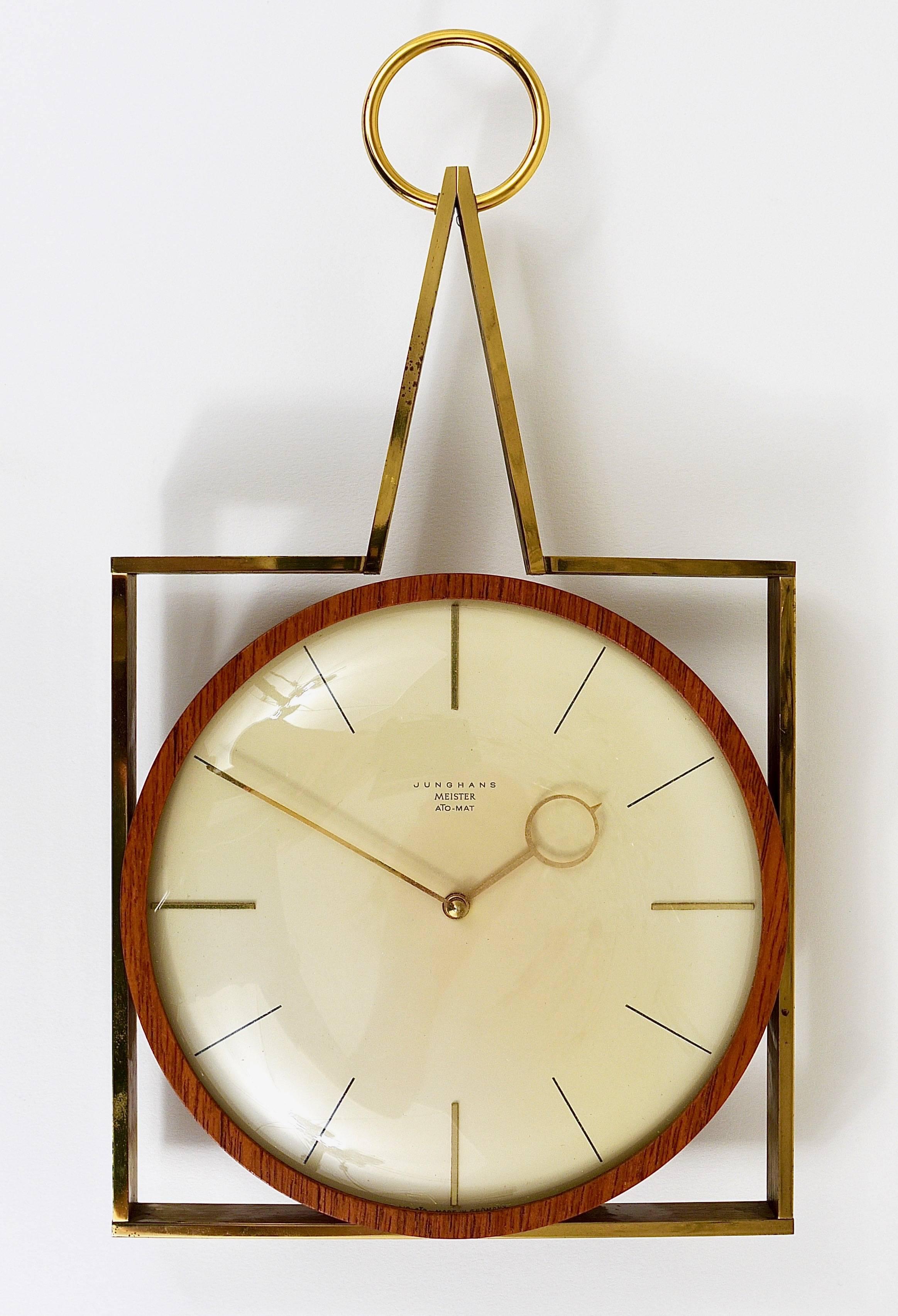 Mid-Century Modern Elegant Mid-Century Junghans Meister Ato-Mat Teak and Brass Wall Clock, Germany