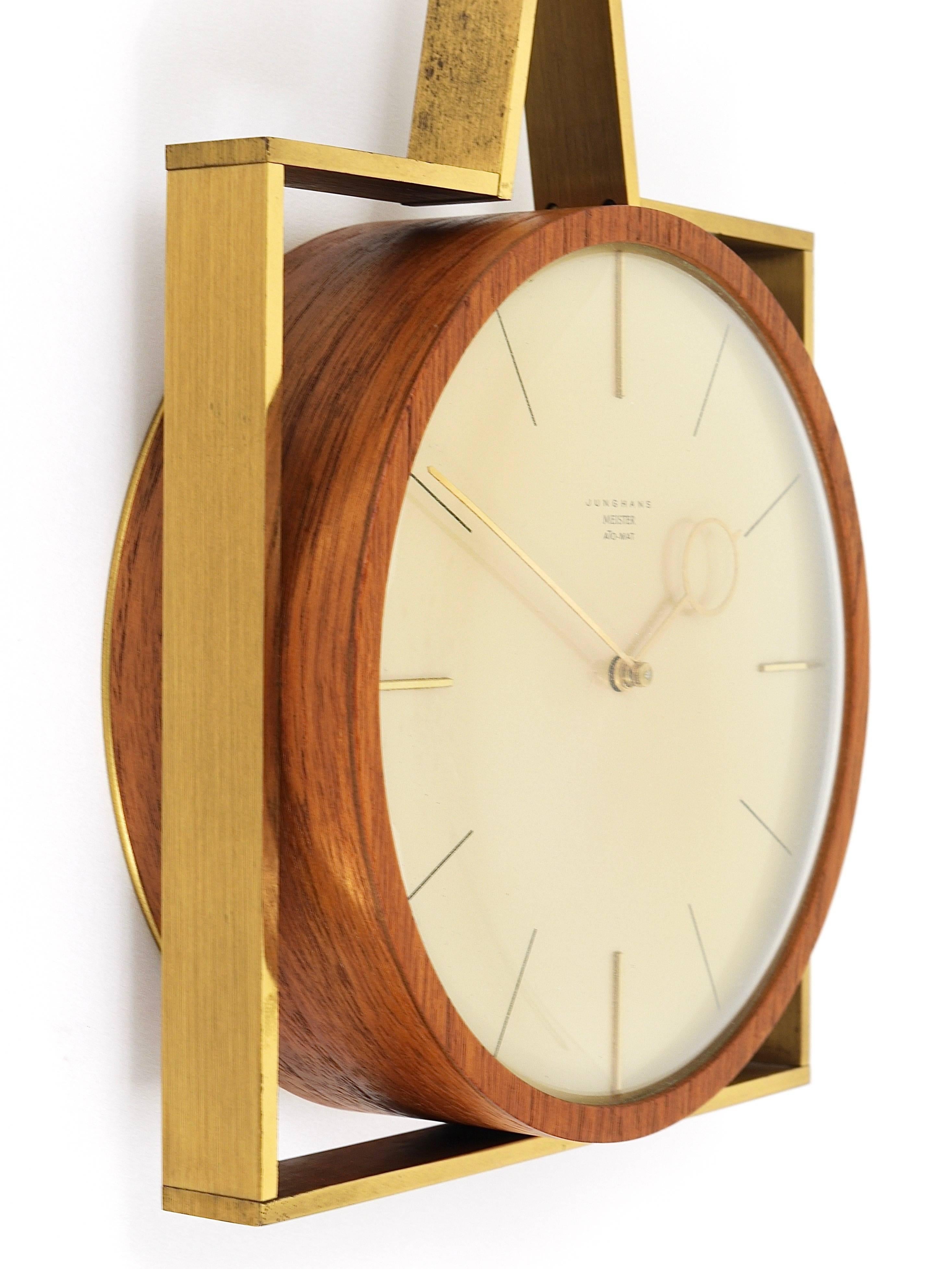 Elegant Mid-Century Junghans Meister Ato-Mat Teak and Brass Wall Clock, Germany 1