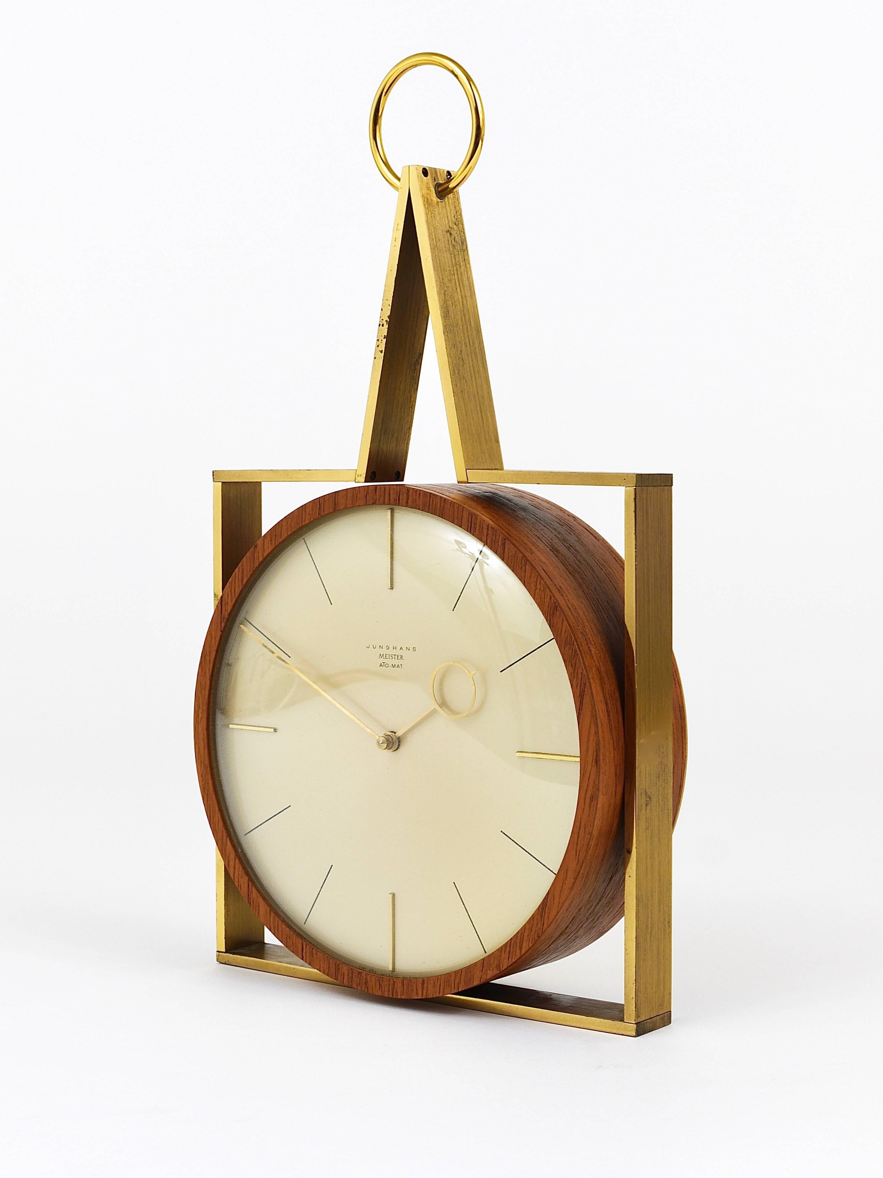 Elegant Mid-Century Junghans Meister Ato-Mat Teak and Brass Wall Clock, Germany 2