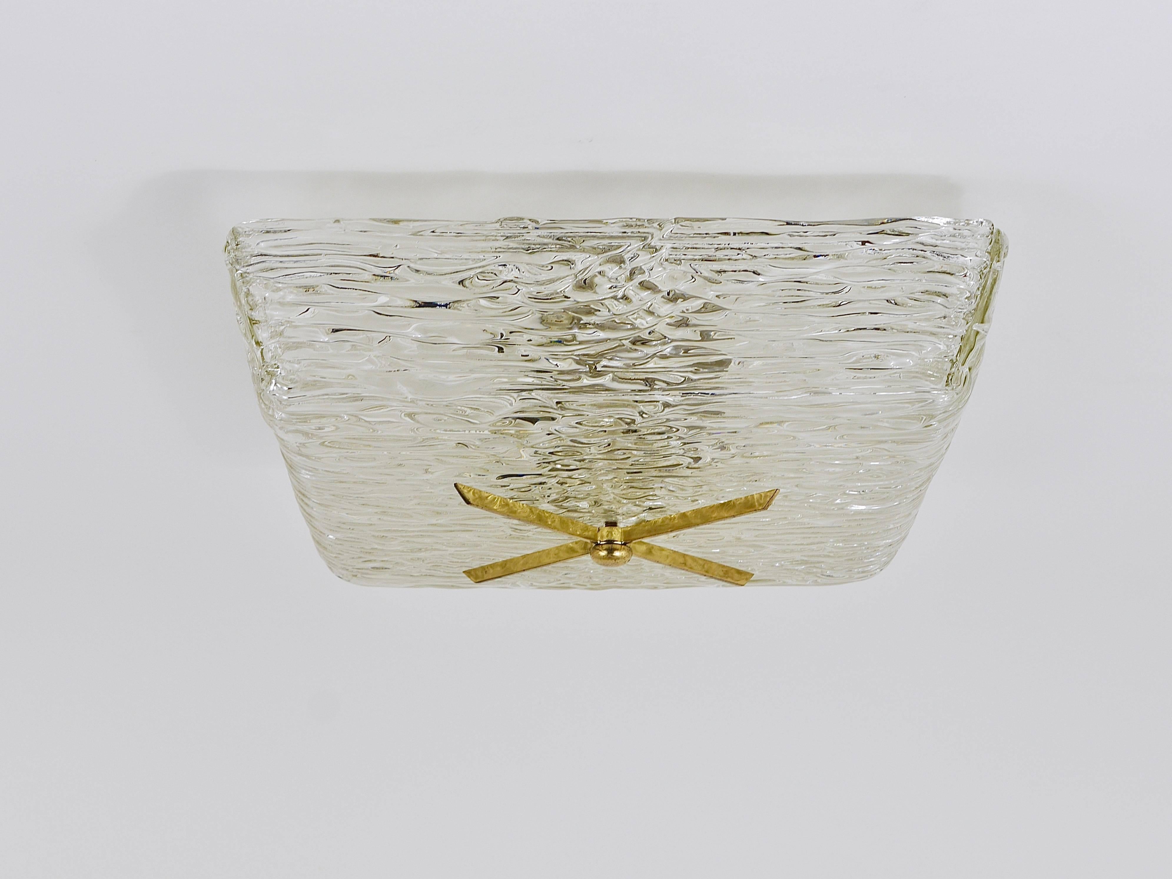 Square Kalmar Brass and Textured Glass Flush Mount Ceiling Light, Austria, 1950s 2