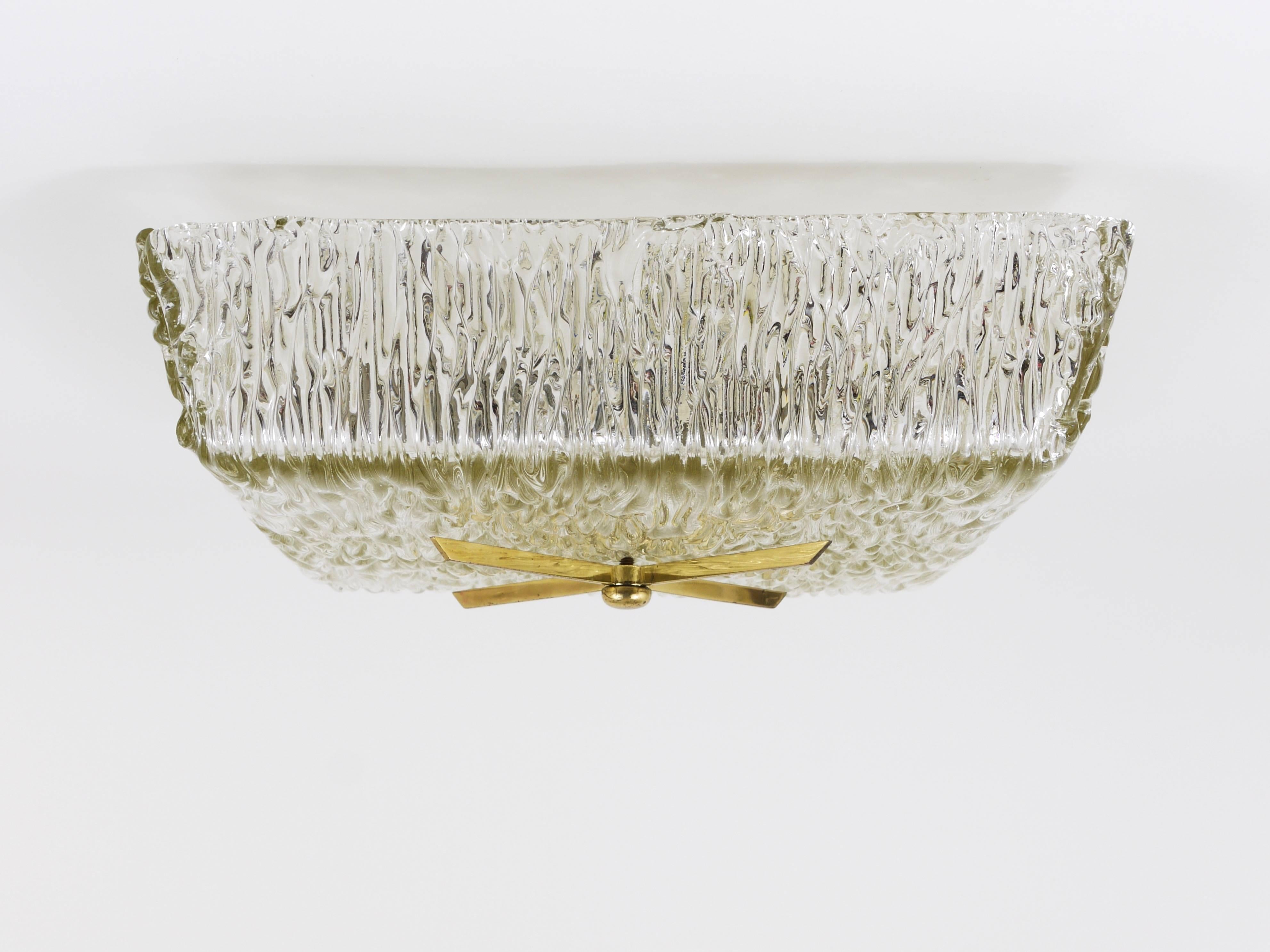 Square Kalmar Brass and Textured Glass Flush Mount Ceiling Light, Austria, 1950s 3