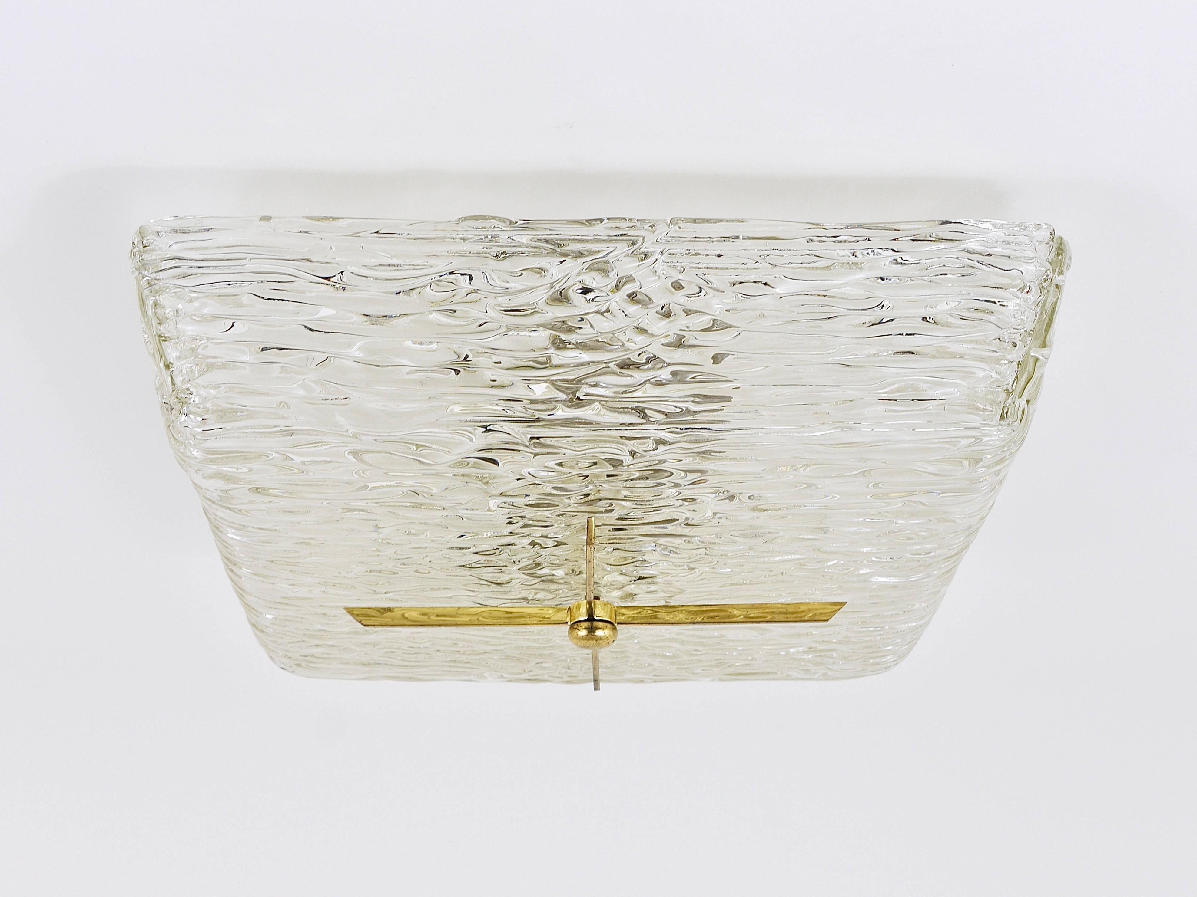 Square Kalmar Brass and Textured Glass Flush Mount Ceiling Light, Austria, 1950s 4