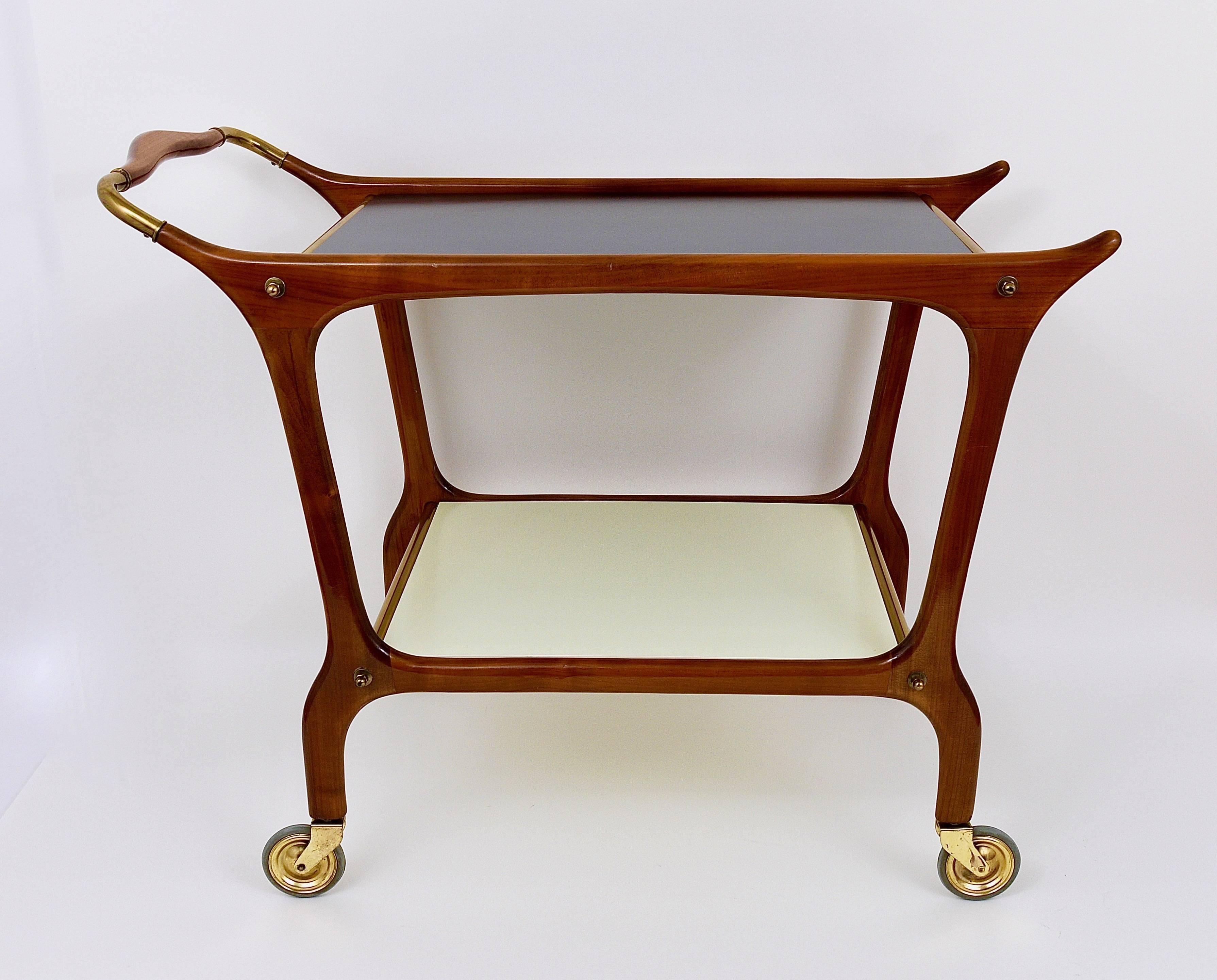 Exceptional Mid-Century Wood and Brass Bar Cart, Attributed Ico Parisi, Italy 4