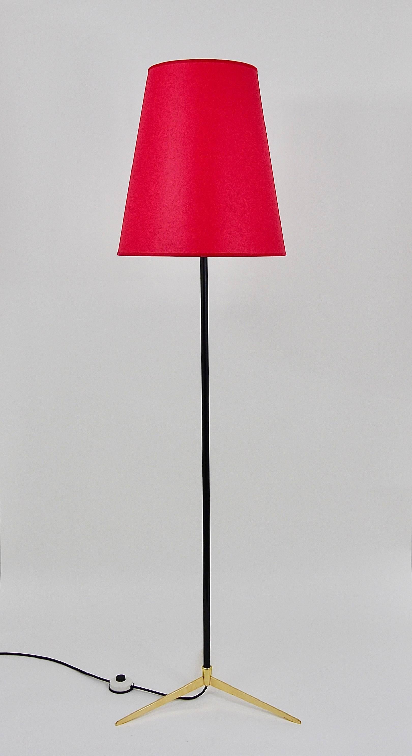 Mid-Century Modern J.T. Kalmar Micheline Floor Lamp with Brass Tripod Base, Austria, 1950s For Sale