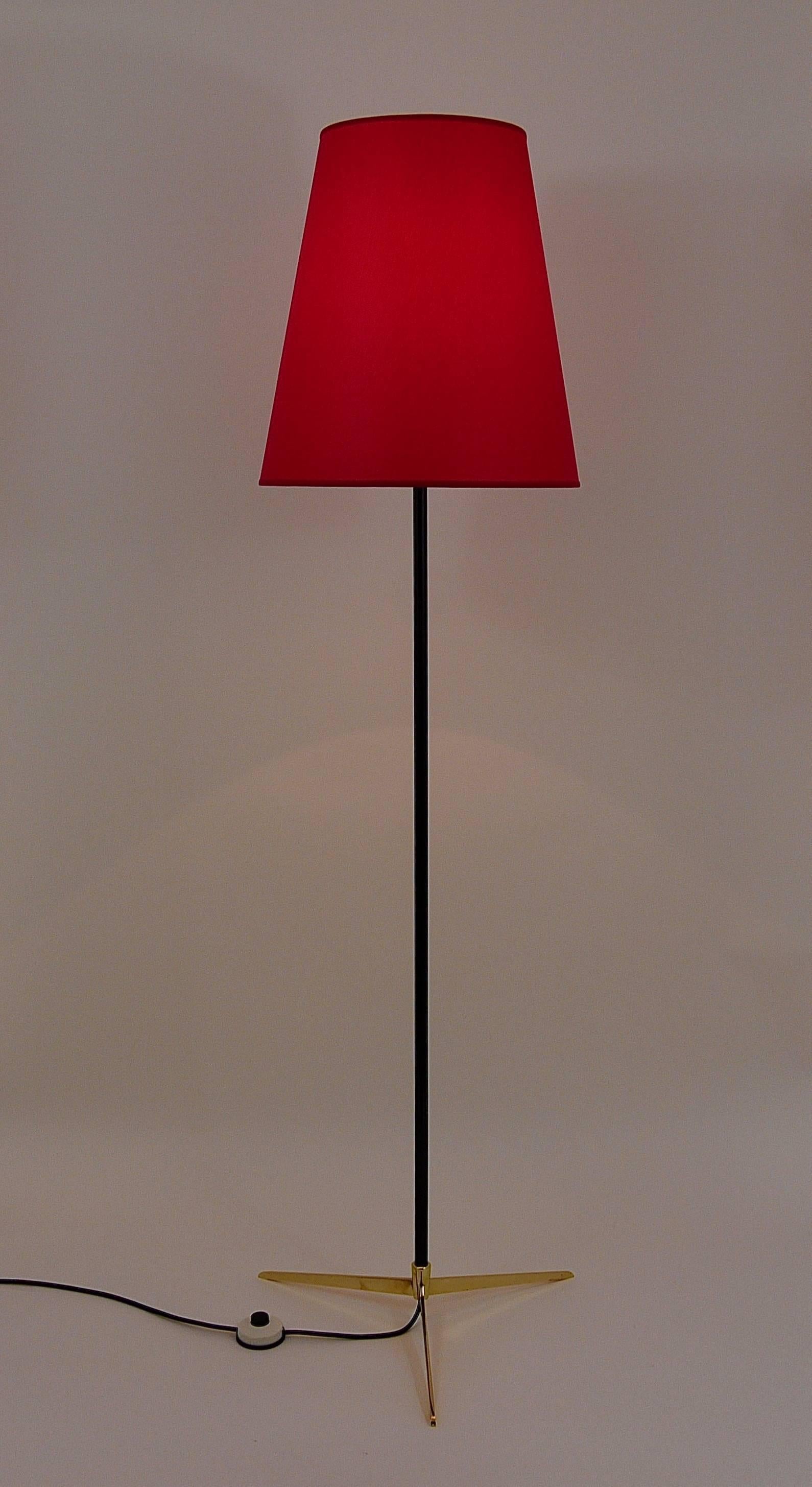 20th Century J.T. Kalmar Micheline Floor Lamp with Brass Tripod Base, Austria, 1950s For Sale