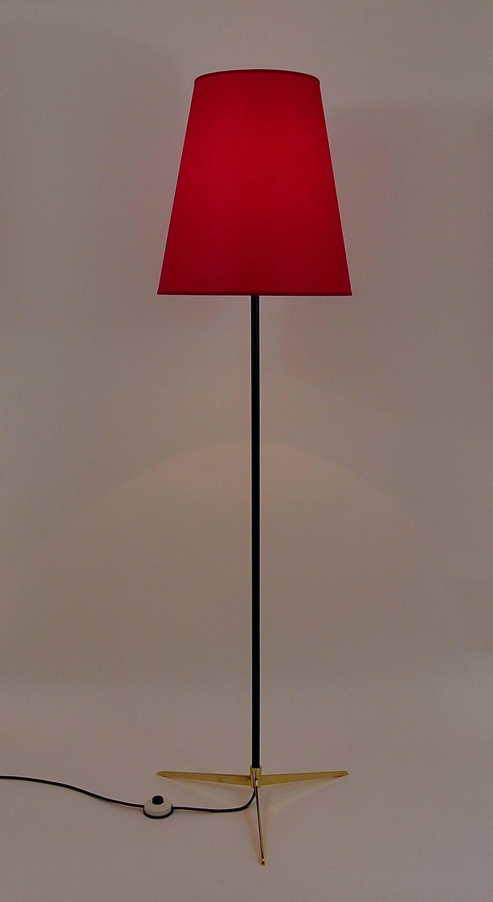 20th Century J.T. Kalmar Micheline Floor Lamp with Brass Tripod Base, Austria, 1950s