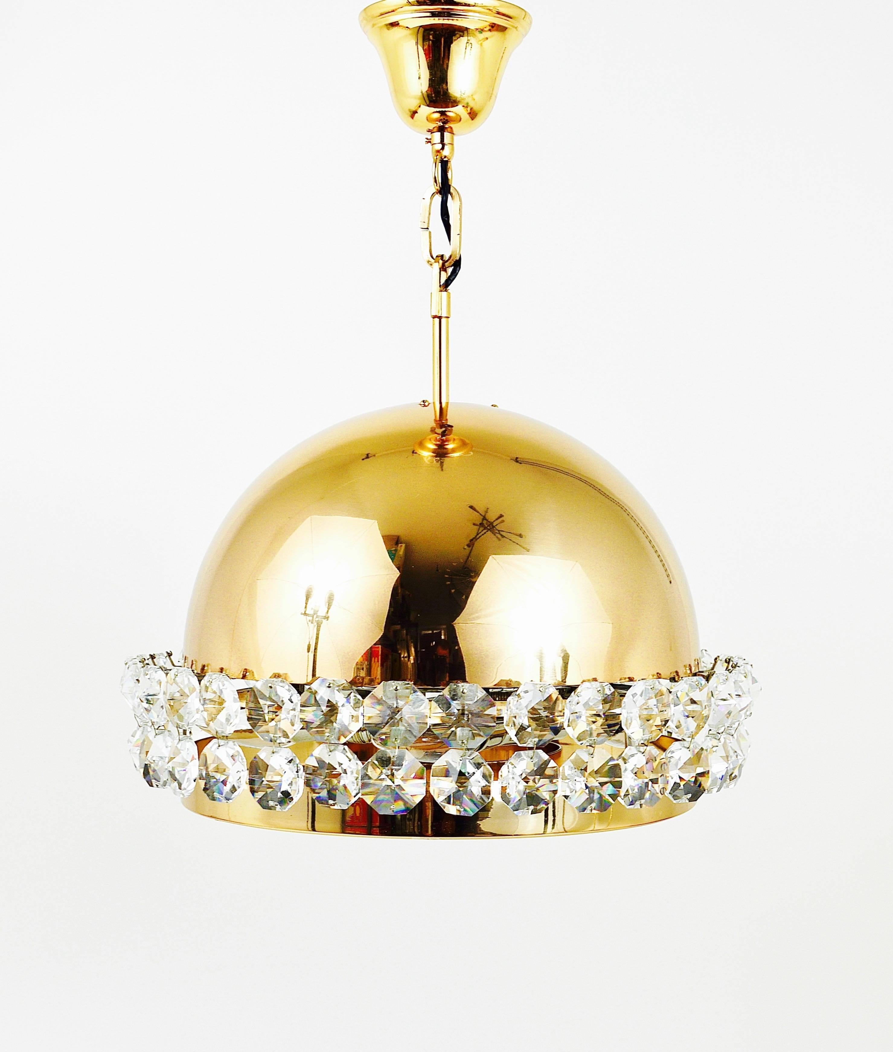 Mid-Century Modern Gold-Plated Bakalowits Brass Globe Chandelier, Diamond Crystals, Austria, 1970s