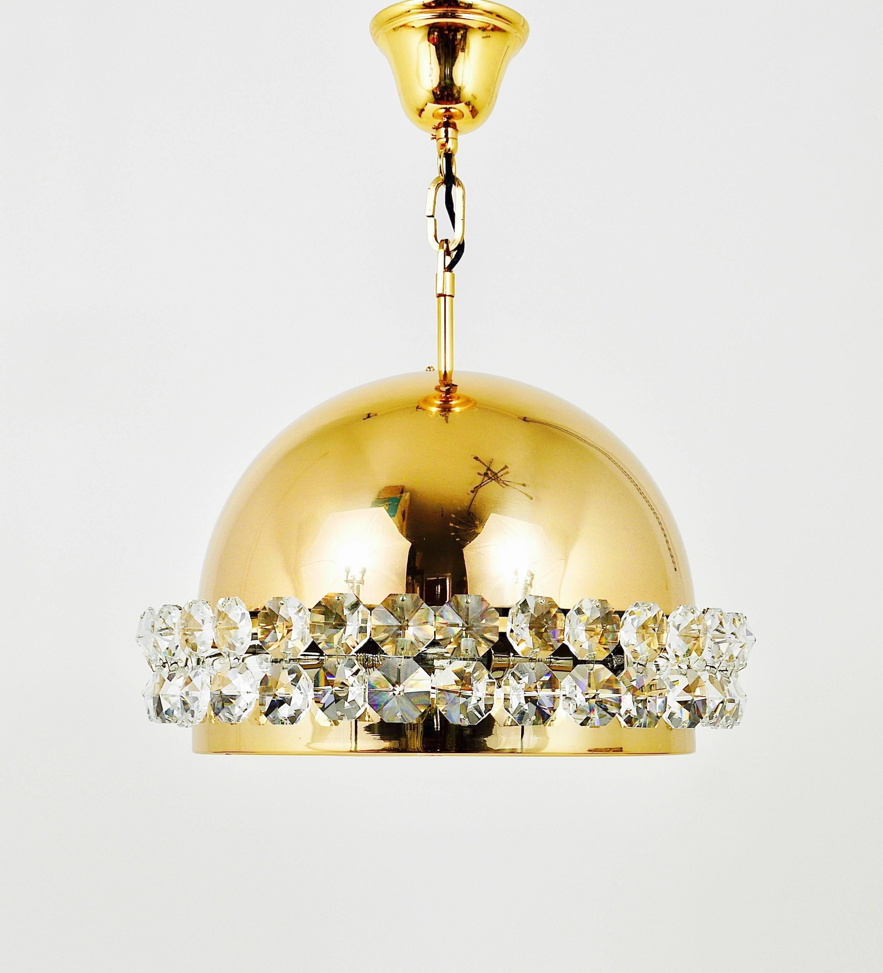 Austrian Gold-Plated Bakalowits Brass Globe Chandelier, Diamond Crystals, Austria, 1970s