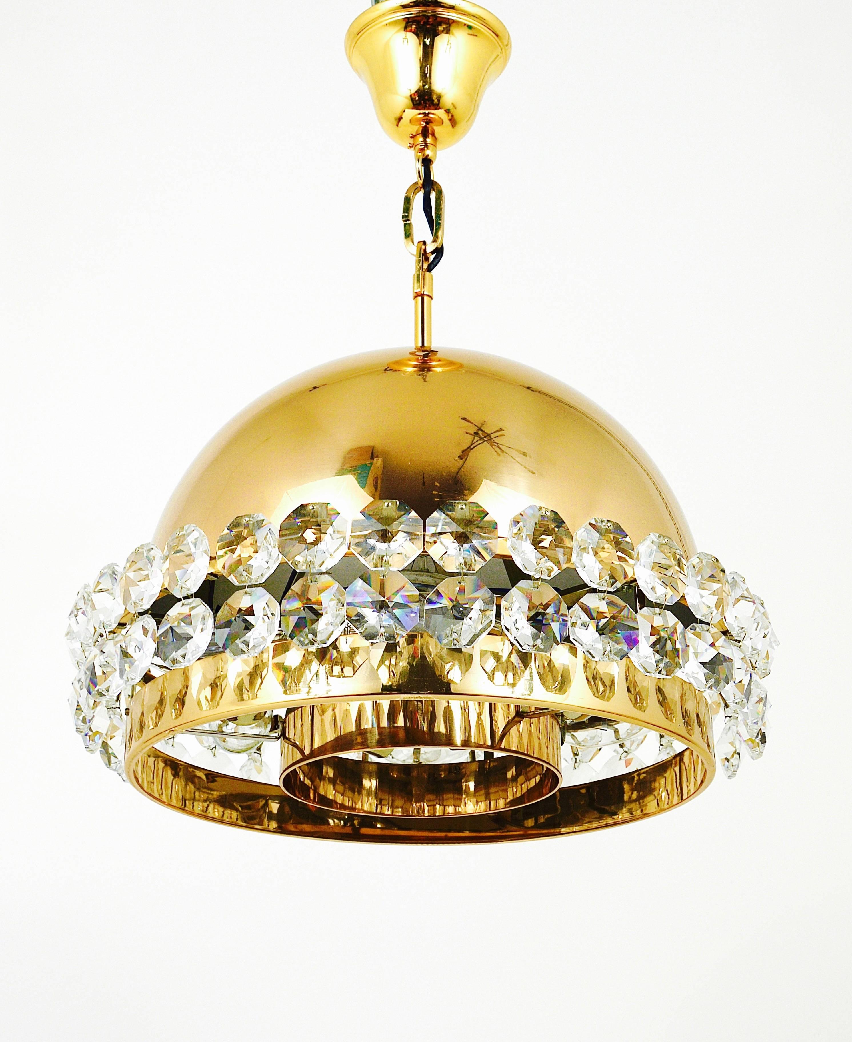 Gilt Gold-Plated Bakalowits Brass Globe Chandelier, Diamond Crystals, Austria, 1970s
