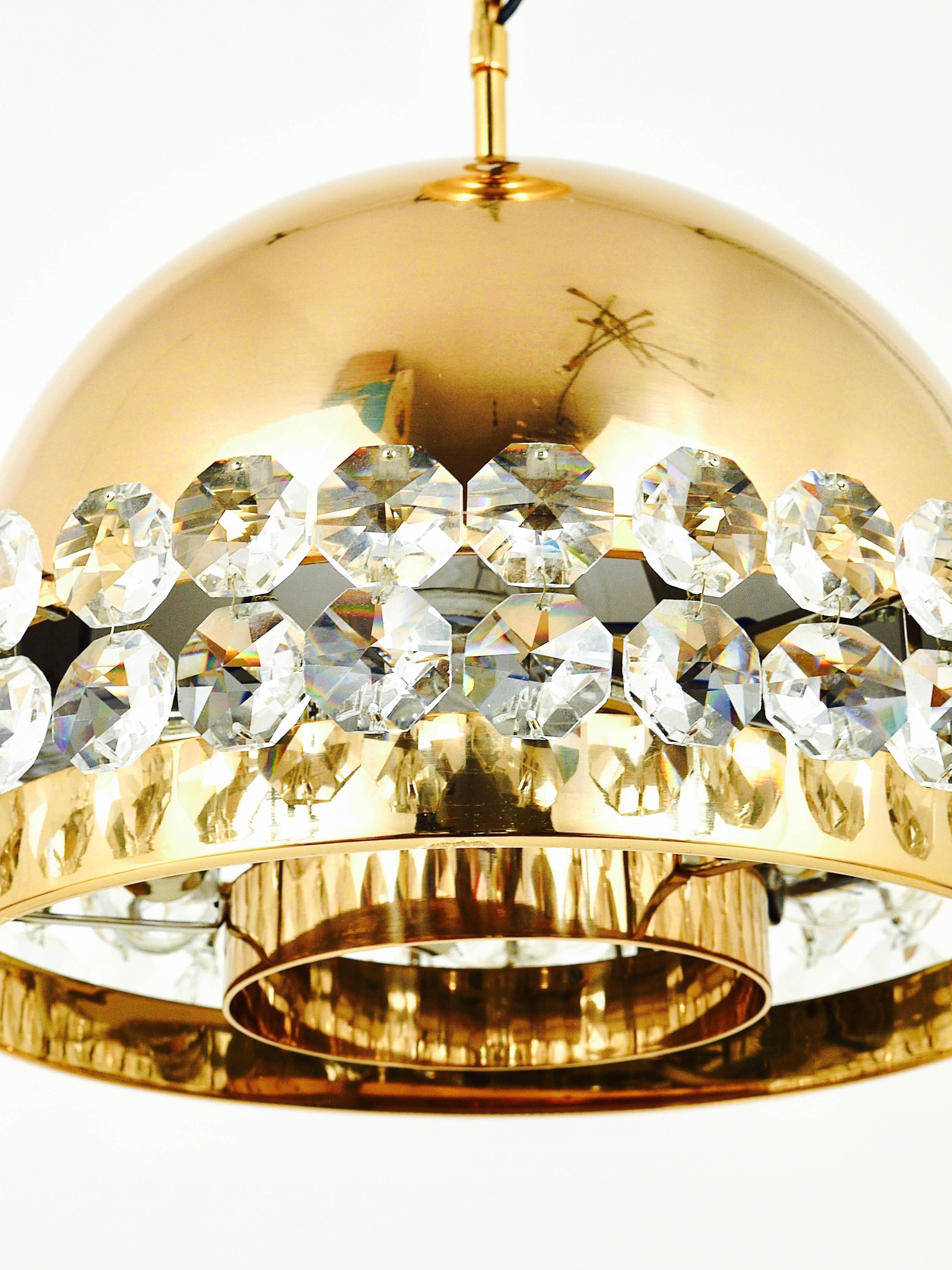 20th Century Gold-Plated Bakalowits Brass Globe Chandelier, Diamond Crystals, Austria, 1970s