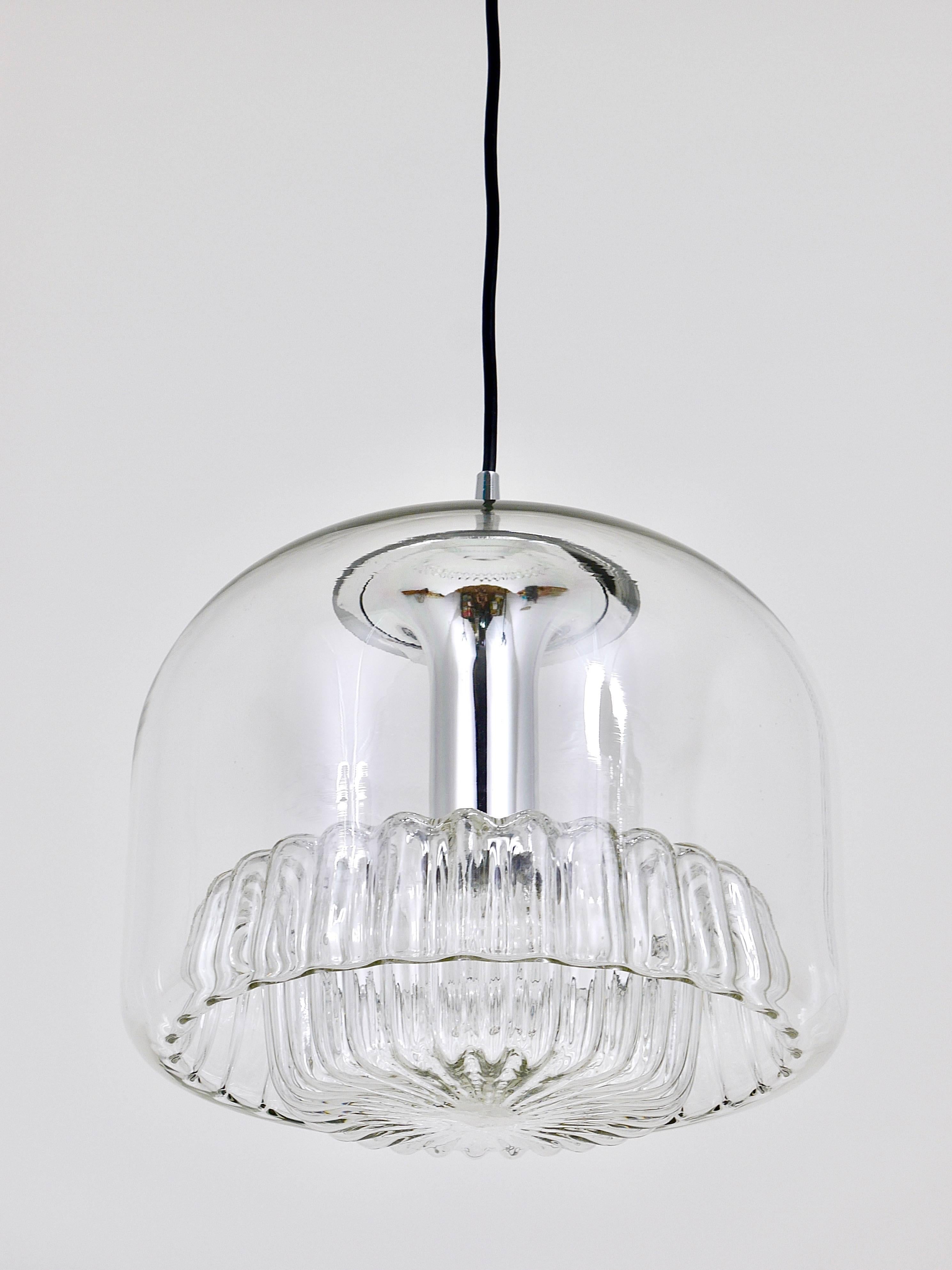 Mid-Century Modern Two Mid-Century Peill & Putzler Chromed Pendant Glass Globe Lamps, Germany, 1970 For Sale