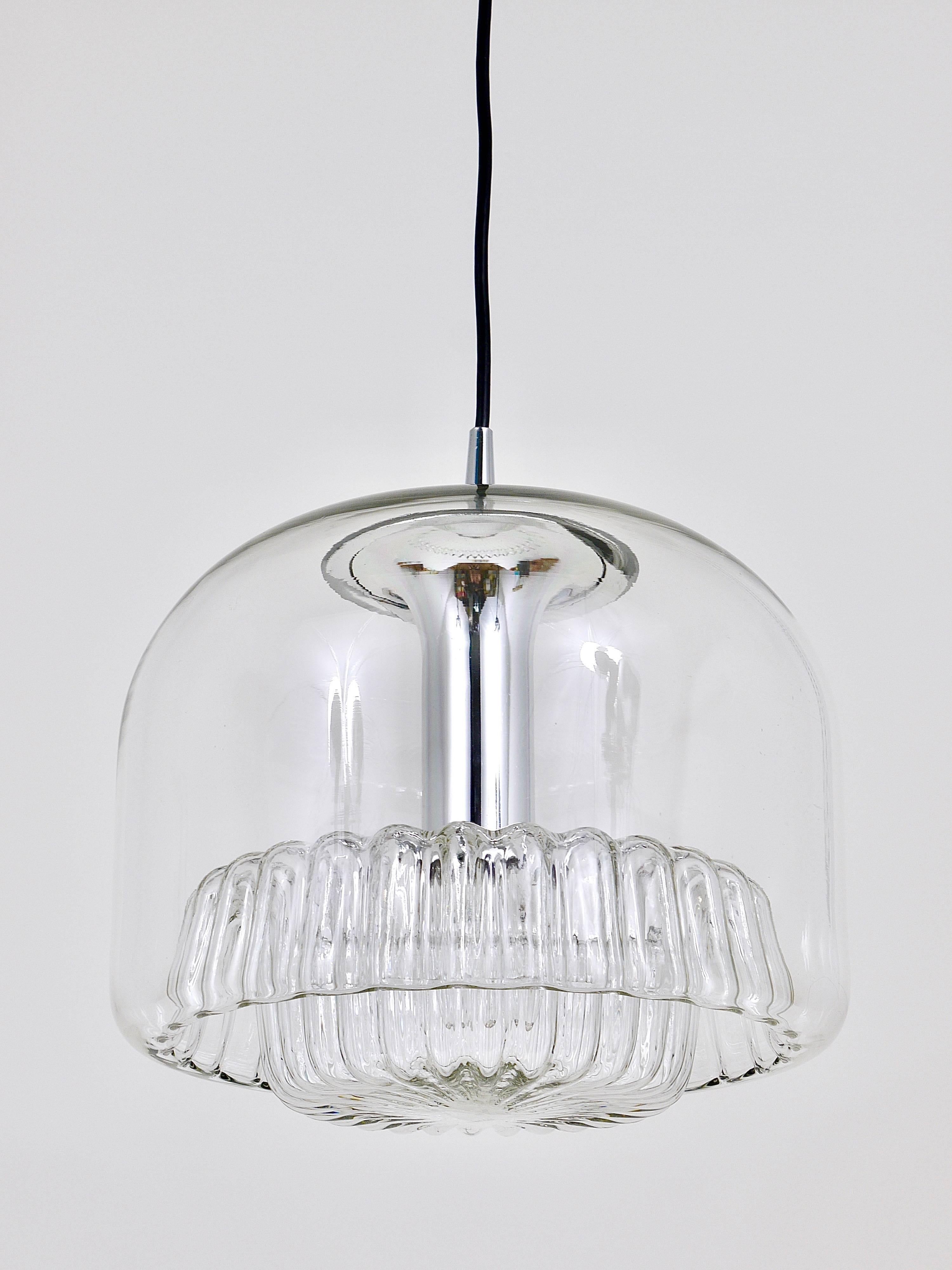 Molded Two Mid-Century Peill & Putzler Chromed Pendant Glass Globe Lamps, Germany, 1970 For Sale