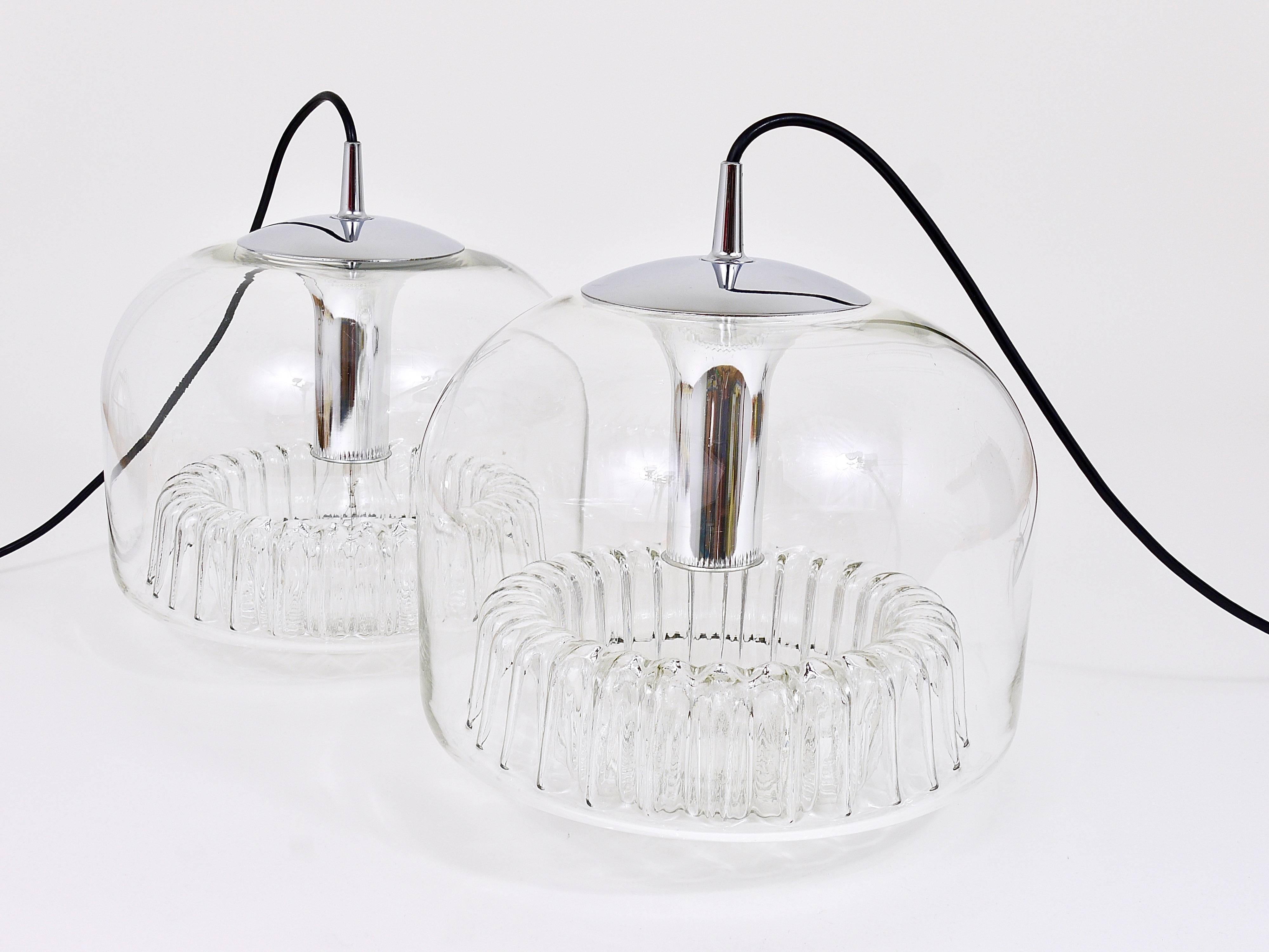 Metal Peill & Putzler Two Mid-Century Biomorph Pendant Glass Globe Lamps, 1970s For Sale