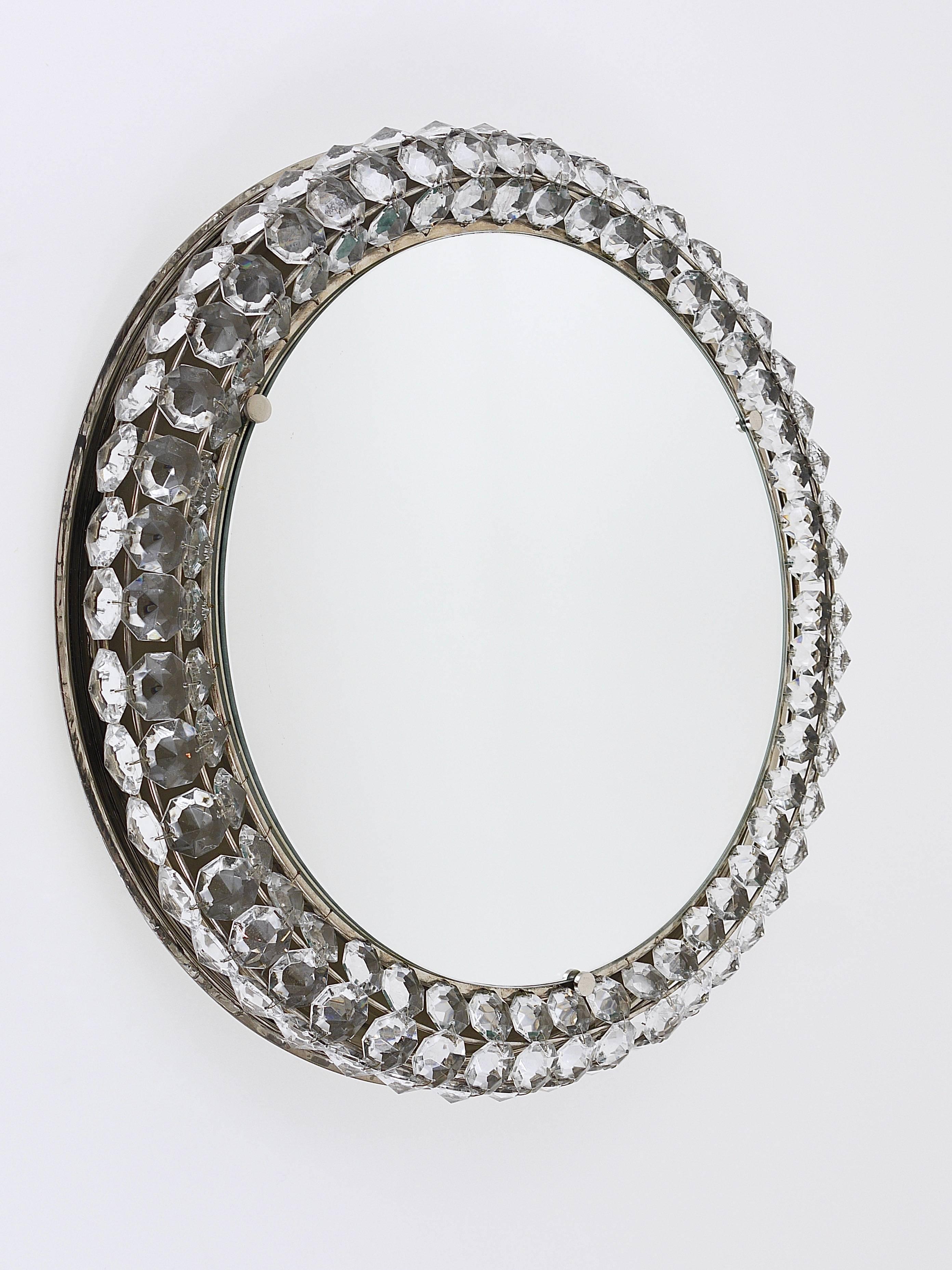 20th Century Round Bakalowits Backlit Wall Mirror with Huge Crystals, Austria, 1950s For Sale