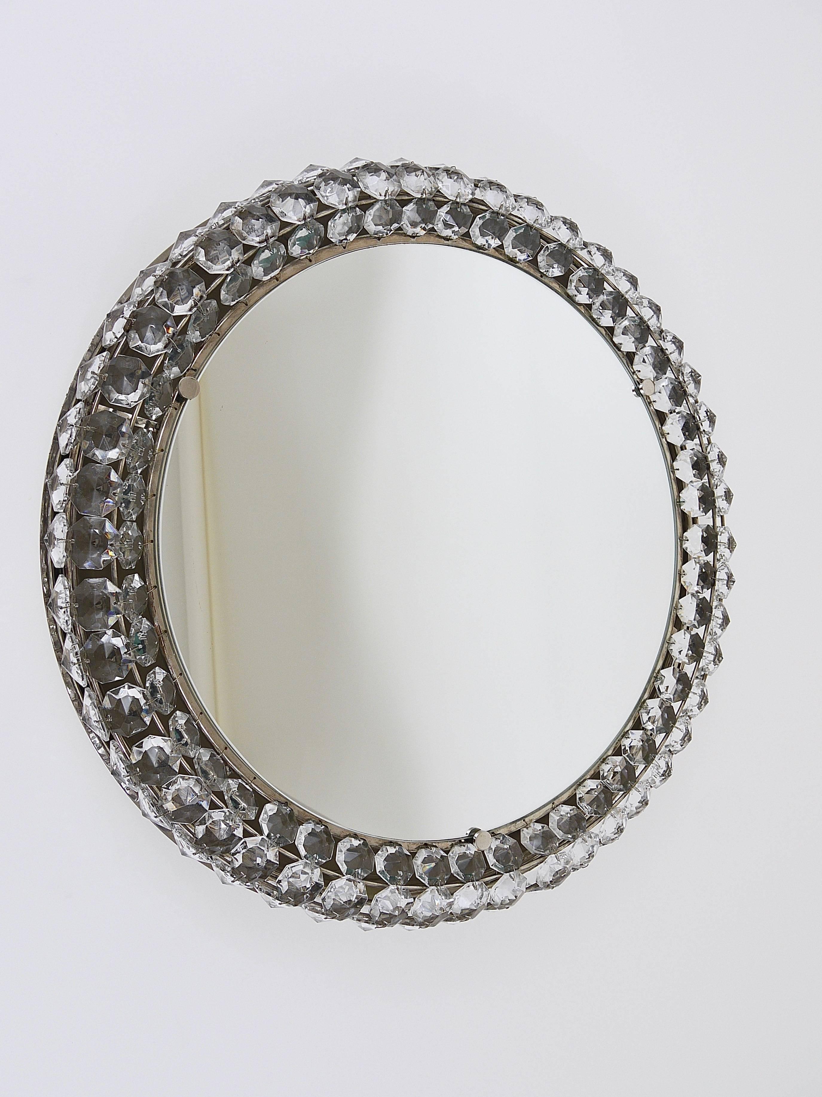 Austrian Round Bakalowits Backlit Wall Mirror with Huge Crystals, Austria, 1950s For Sale