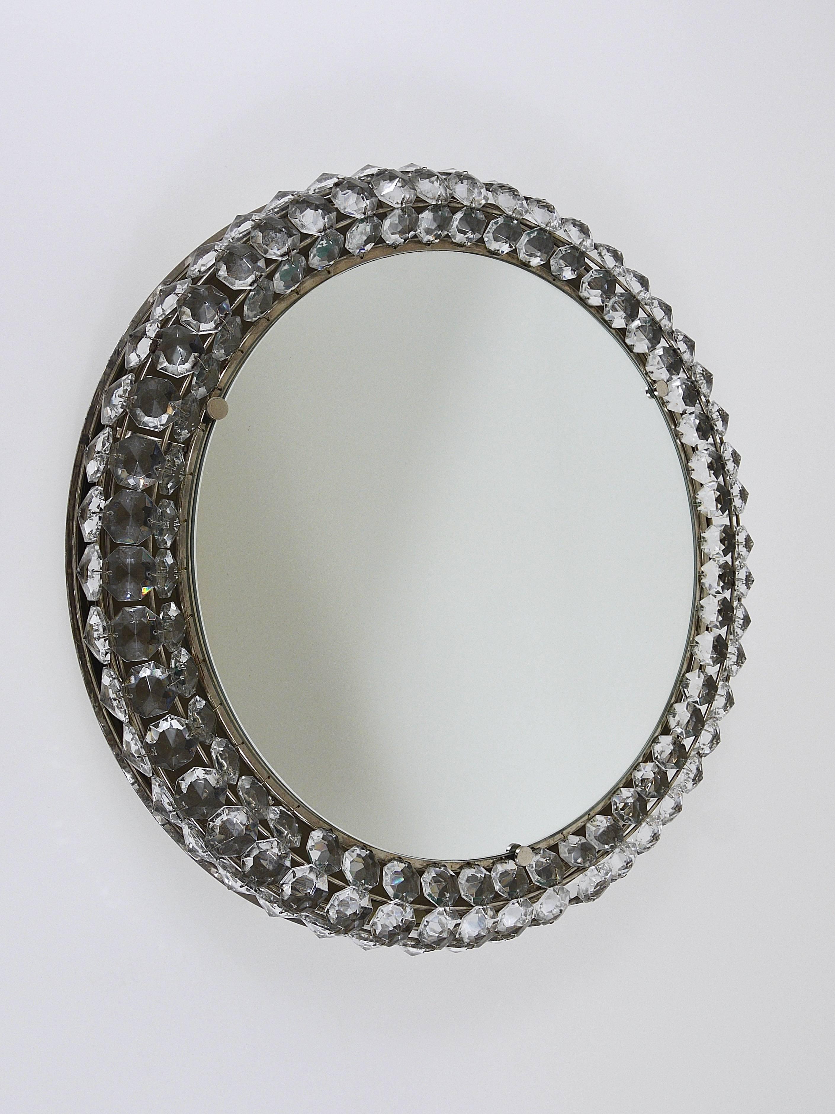 Bakalowits Vienna Round Backlit Wall Mirror with Huge Crystals, Austria, 1950s For Sale 2