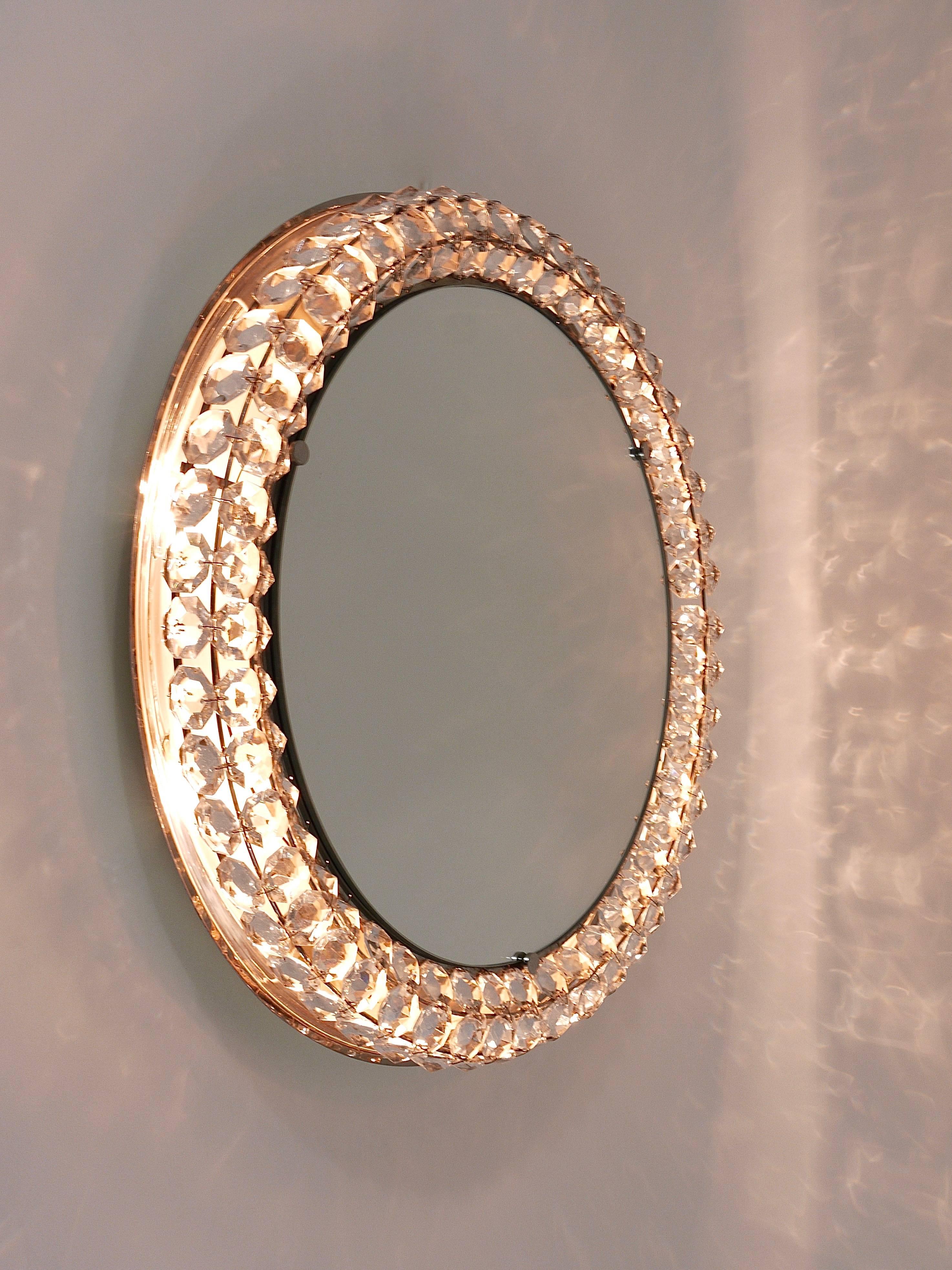 Nickel Round Bakalowits Backlit Wall Mirror with Huge Crystals, Austria, 1950s For Sale