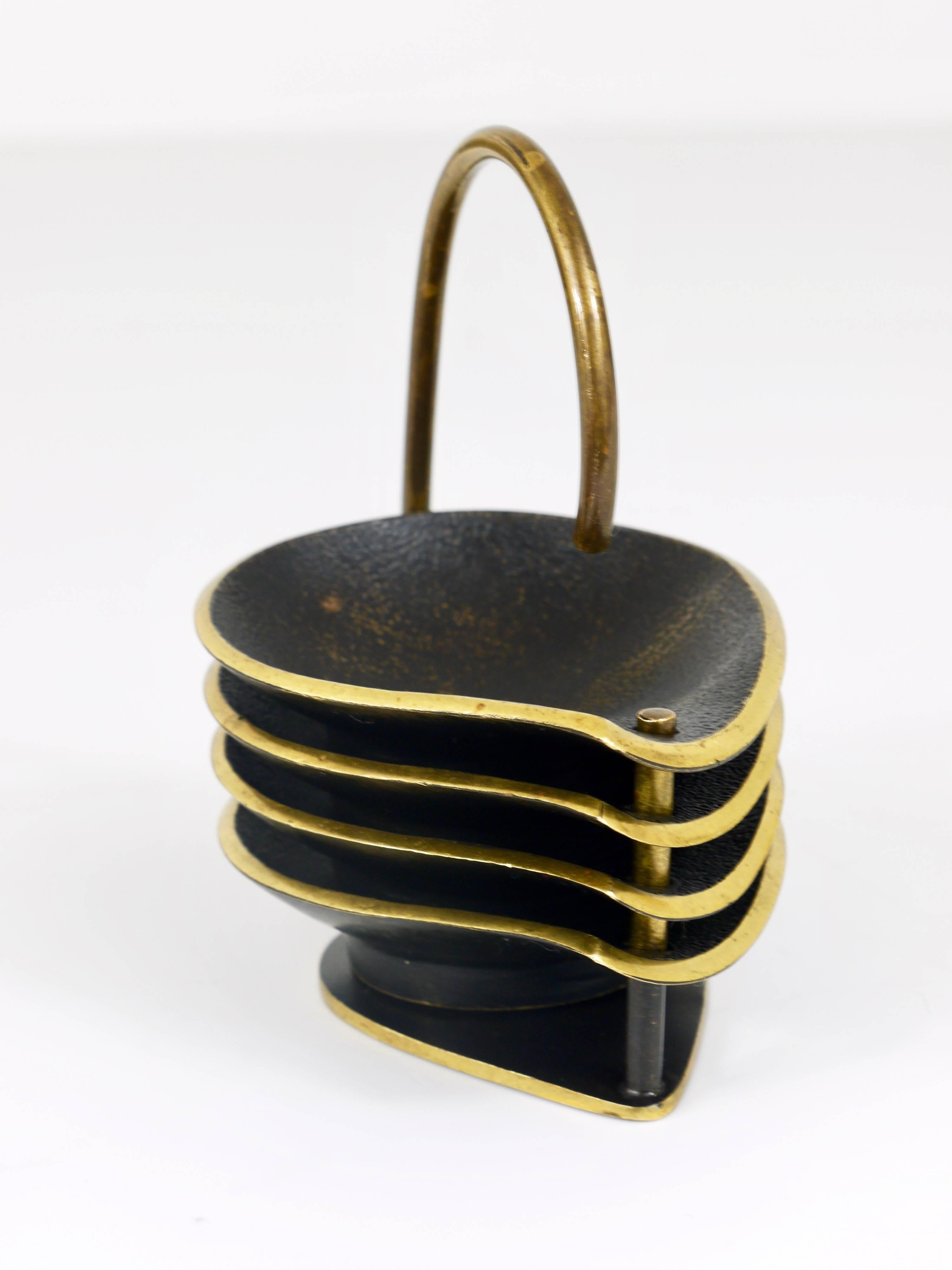 Austrian Set of Four Stackable Mid-Century Drop-Shaped Brass Ashtrays with Stand, Austria