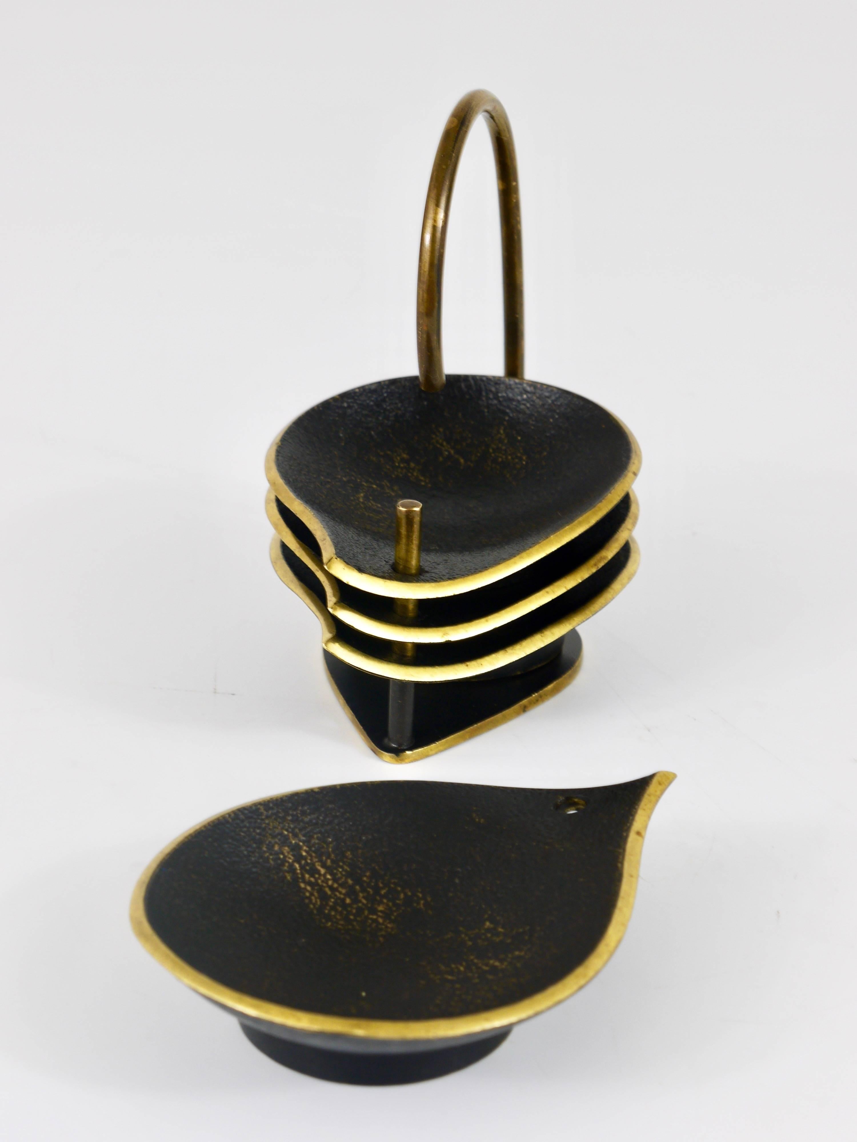 20th Century Set of Four Stackable Mid-Century Drop-Shaped Brass Ashtrays with Stand, Austria
