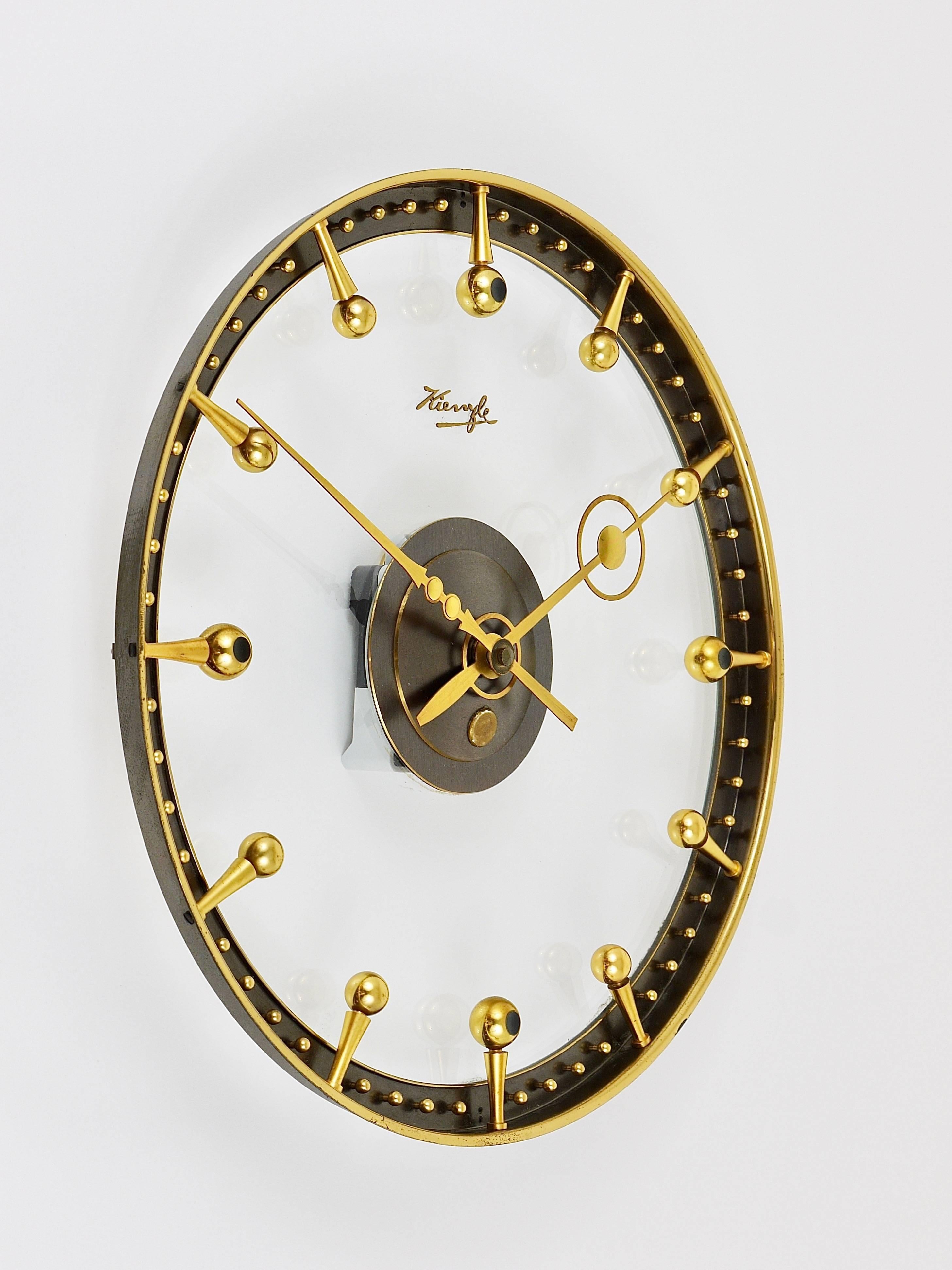 20th Century Outstanding Mid-Century Brass and Glass Wall Clock by Kienzle, Germany, 1950s