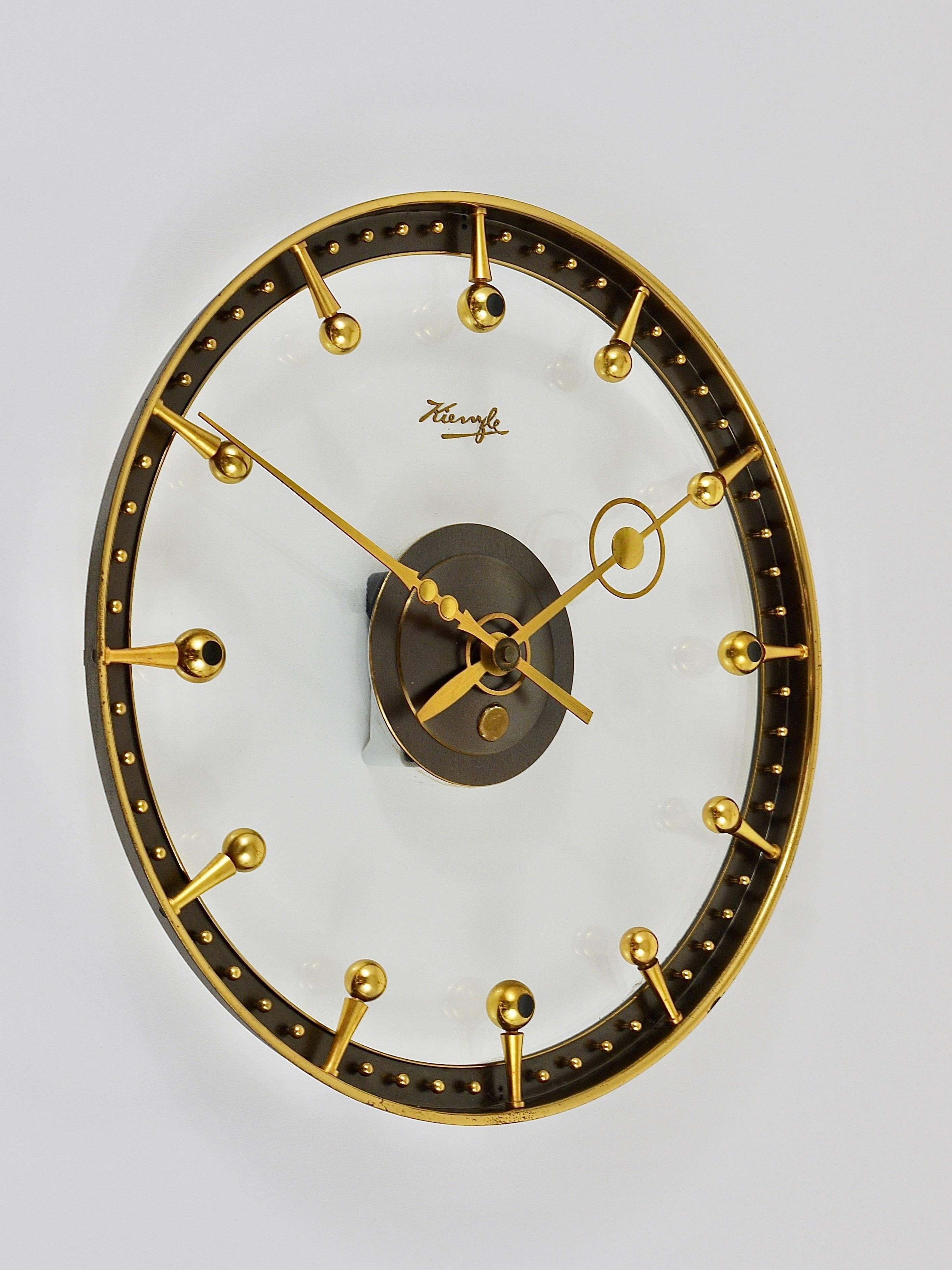 Outstanding Mid-Century Brass and Glass Wall Clock by Kienzle, Germany, 1950s 1