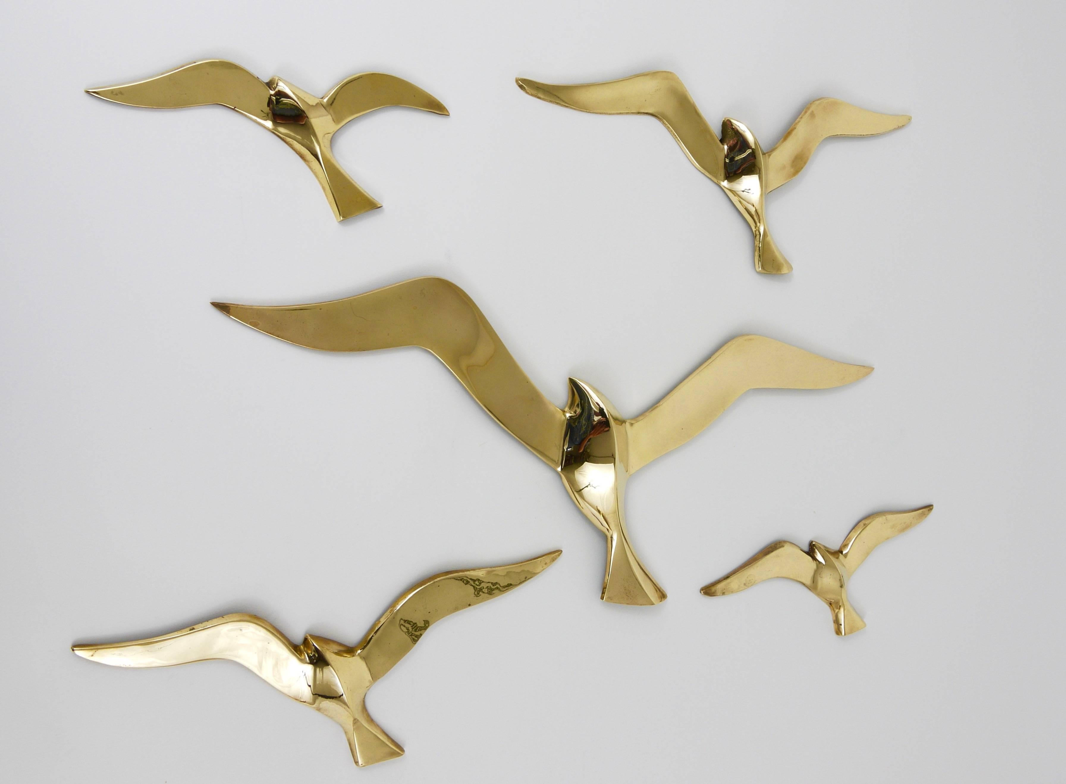 Austrian Five Wall-Mounted Mid-Century Seagull Bird Brass Sculptures, Austria, 1950s