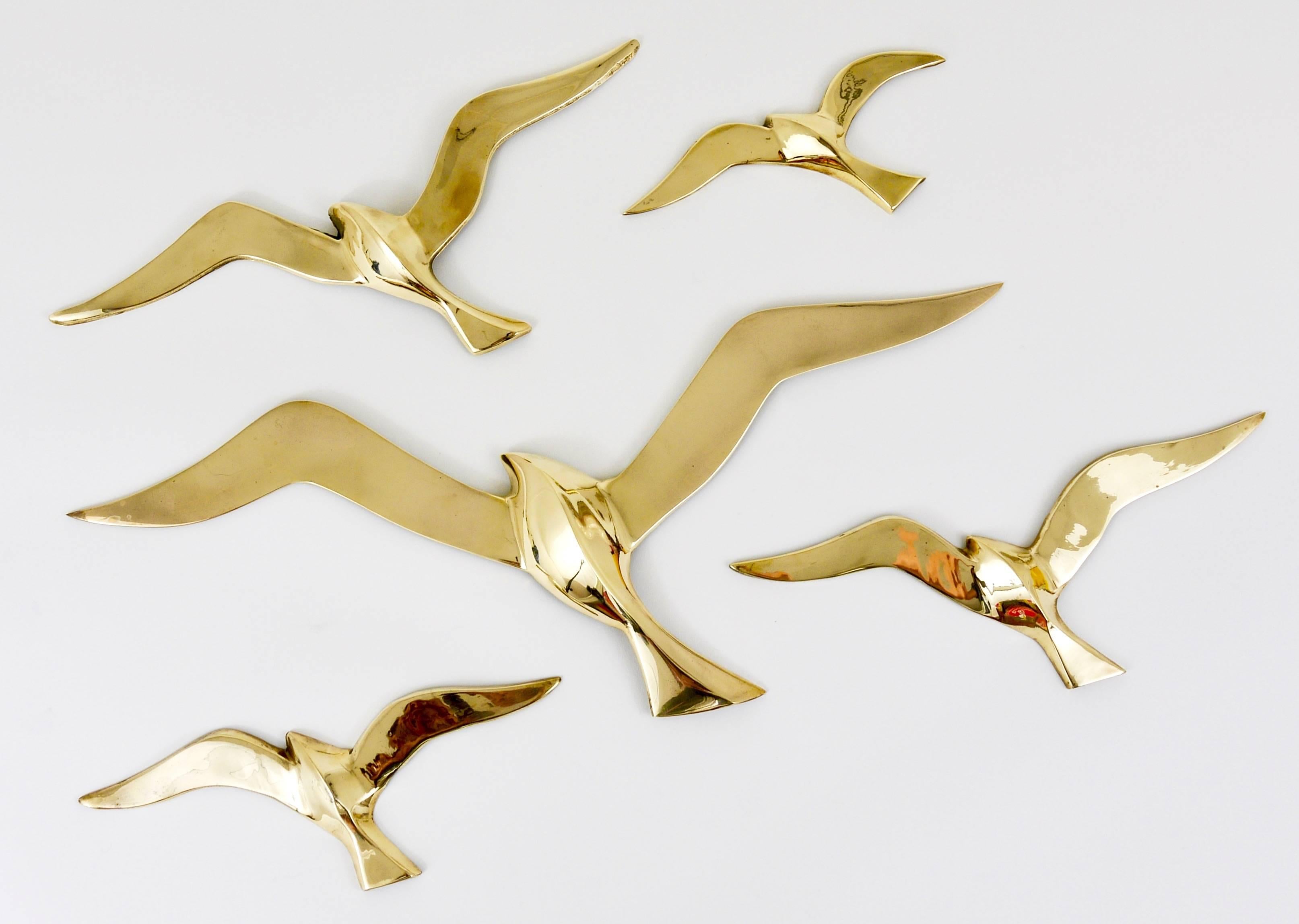 20th Century Five Wall-Mounted Mid-Century Seagull Bird Brass Sculptures, Austria, 1950s