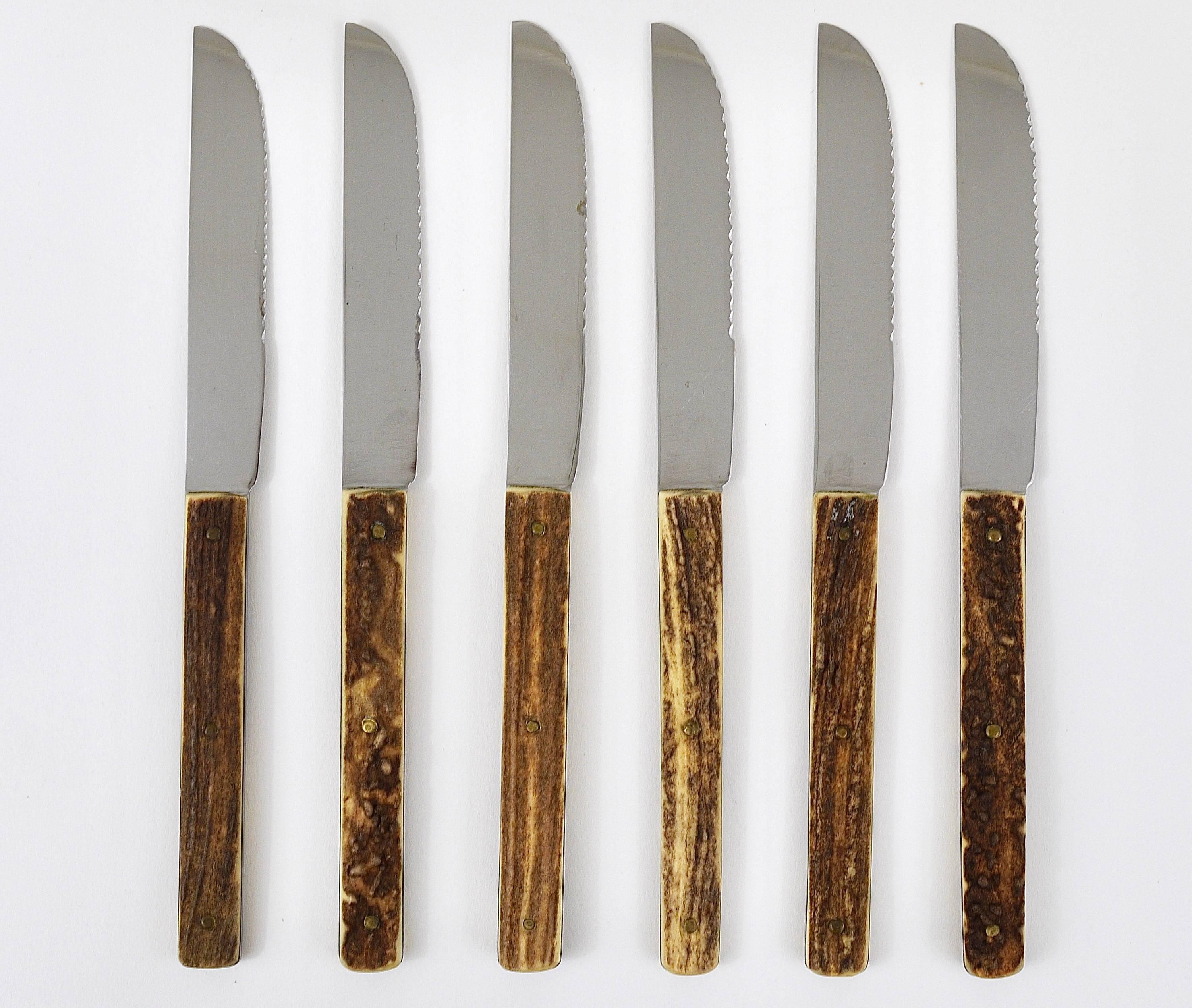Amboss Austria Mid-Century Flatware Cutlery with Antler Handles for Six Persons In Good Condition For Sale In Vienna, AT