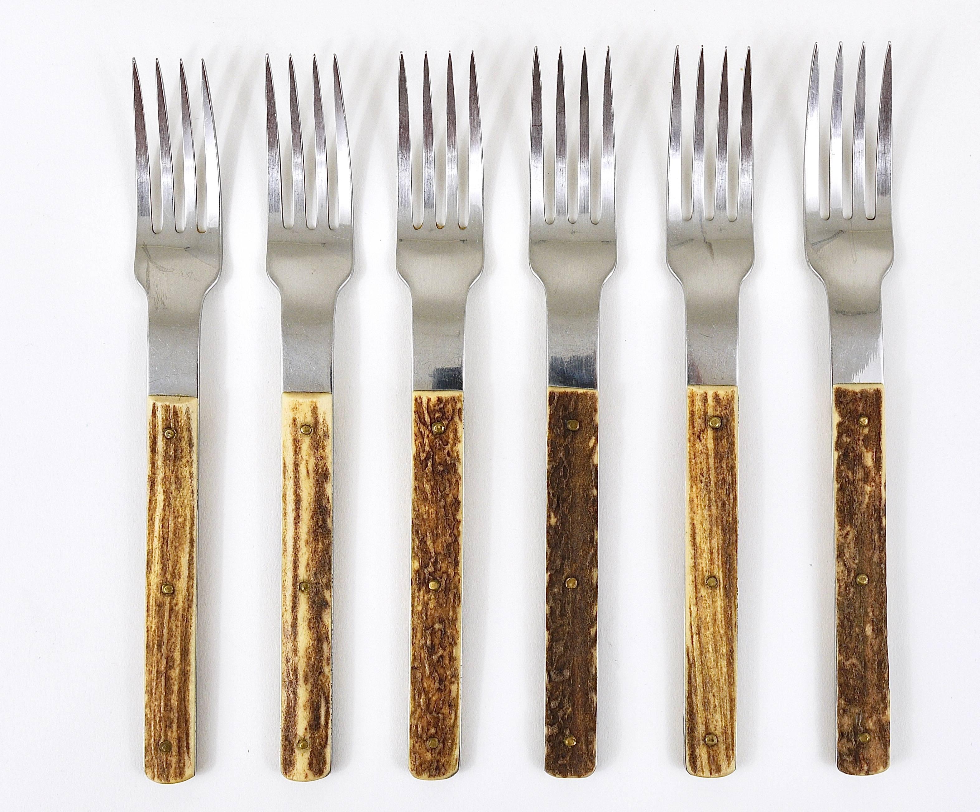 20th Century Amboss Austria Mid-Century Flatware Cutlery with Antler Handles for Six Persons For Sale