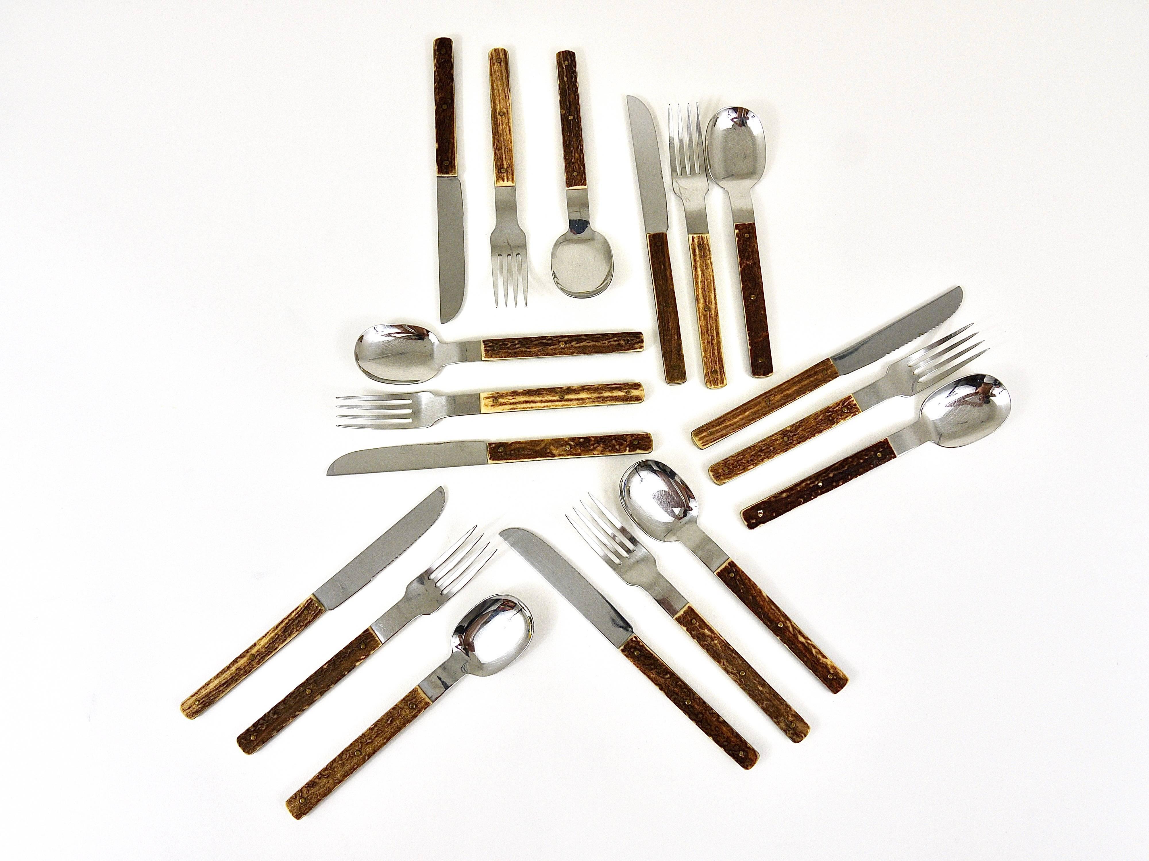 Stainless Steel Amboss Austria Mid-Century Flatware Cutlery with Antler Handles for Six Persons For Sale