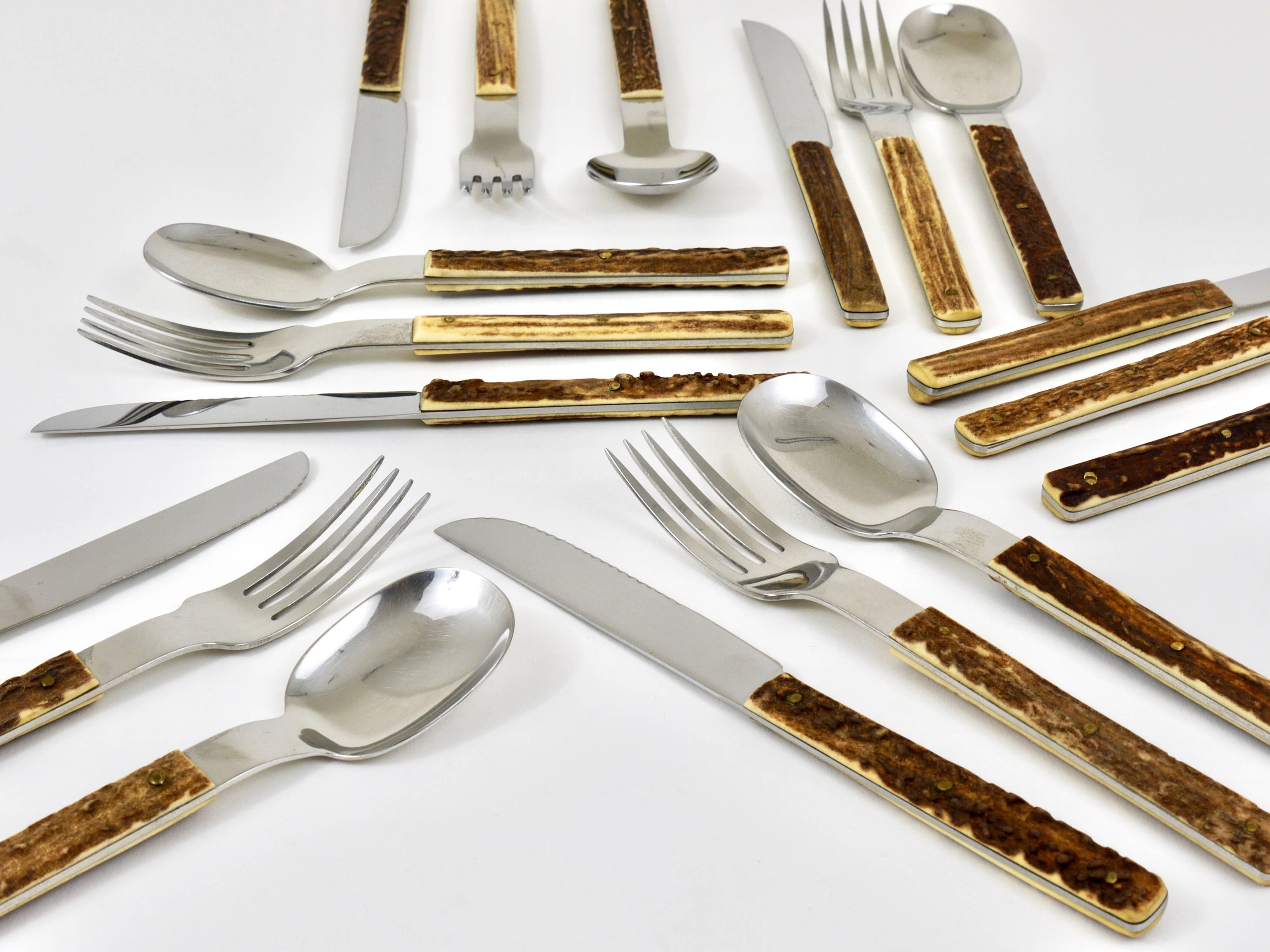 Mid-Century Modern Amboss Austria Mid-Century Flatware Cutlery with Antler Handles for Six Persons For Sale