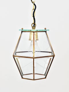 Fontana Arte Style Pendant Lamp Lantern, Brass & Facetted Glass, Italy, 1940s