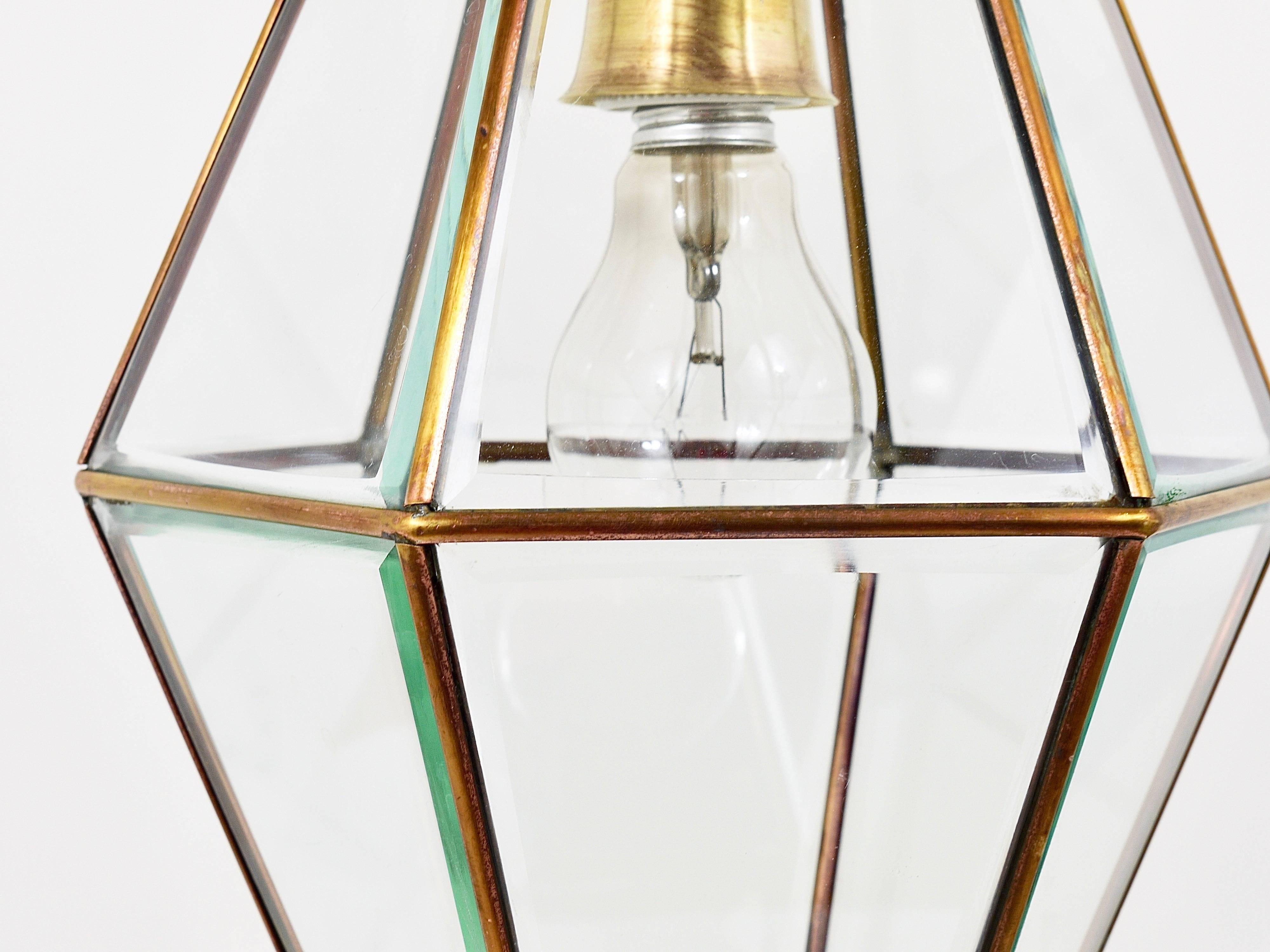 Italian Fontana Arte Style Pendant Lamp Lantern, Brass & Facetted Glass, Italy, 1940s For Sale