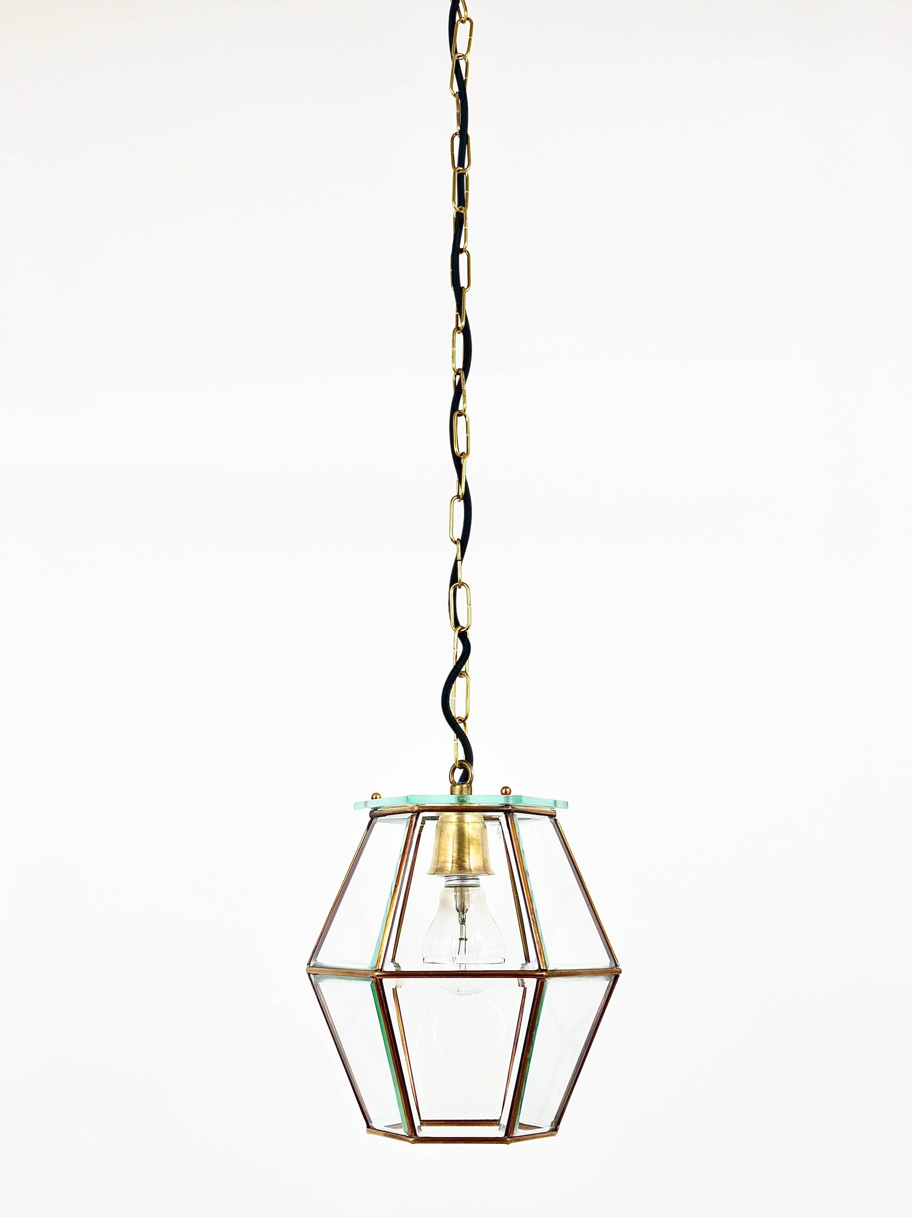 Faceted Fontana Arte Style Pendant Lamp Lantern, Brass & Facetted Glass, Italy, 1940s For Sale