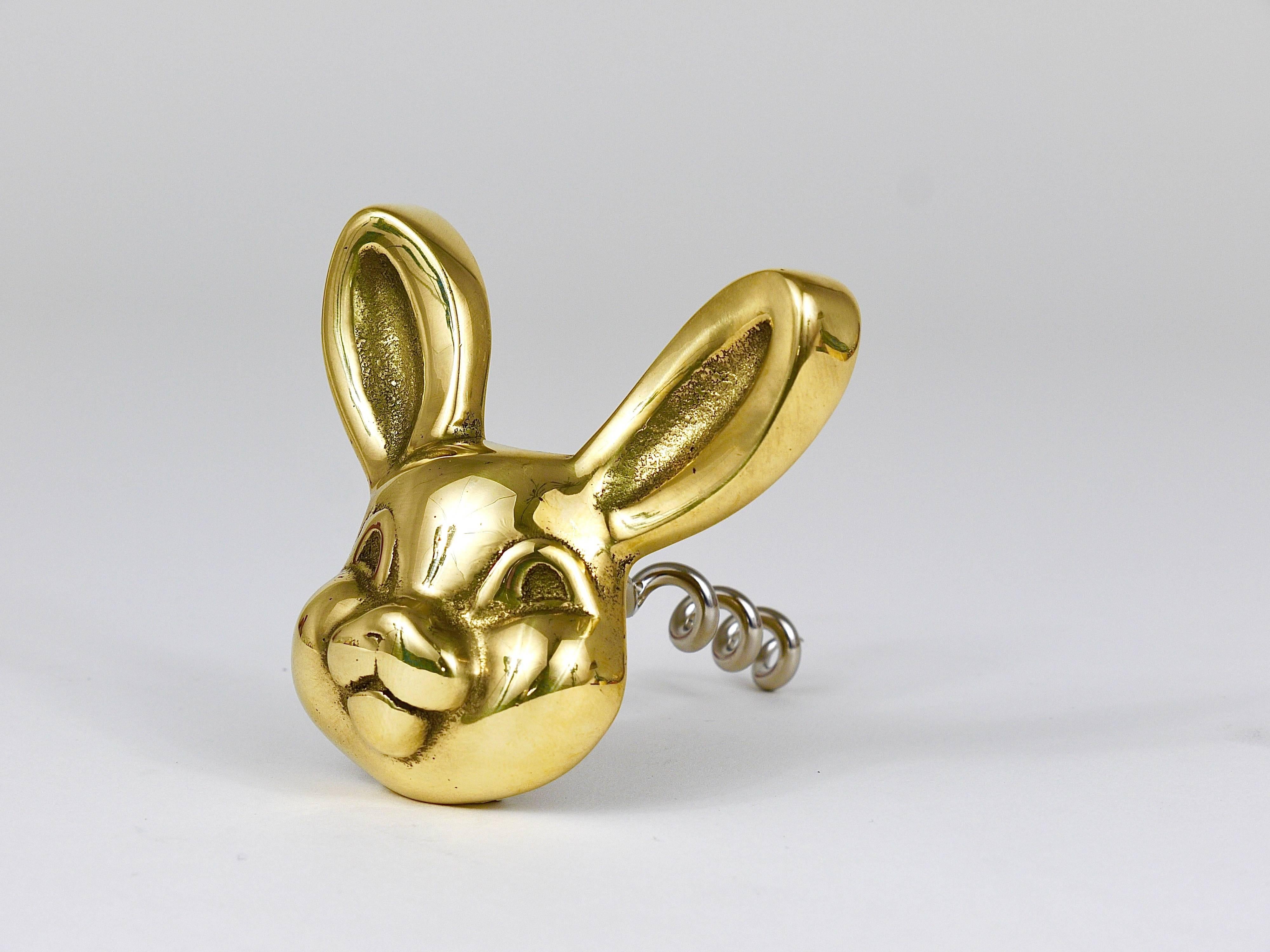 A charming Mid-Century bottle opener / cork screw, displaying a rabbit. A humorous design by Walter Bosse, executed by Hertha Baller Austria in the 1950s. Made of polished brass, in very good condition.