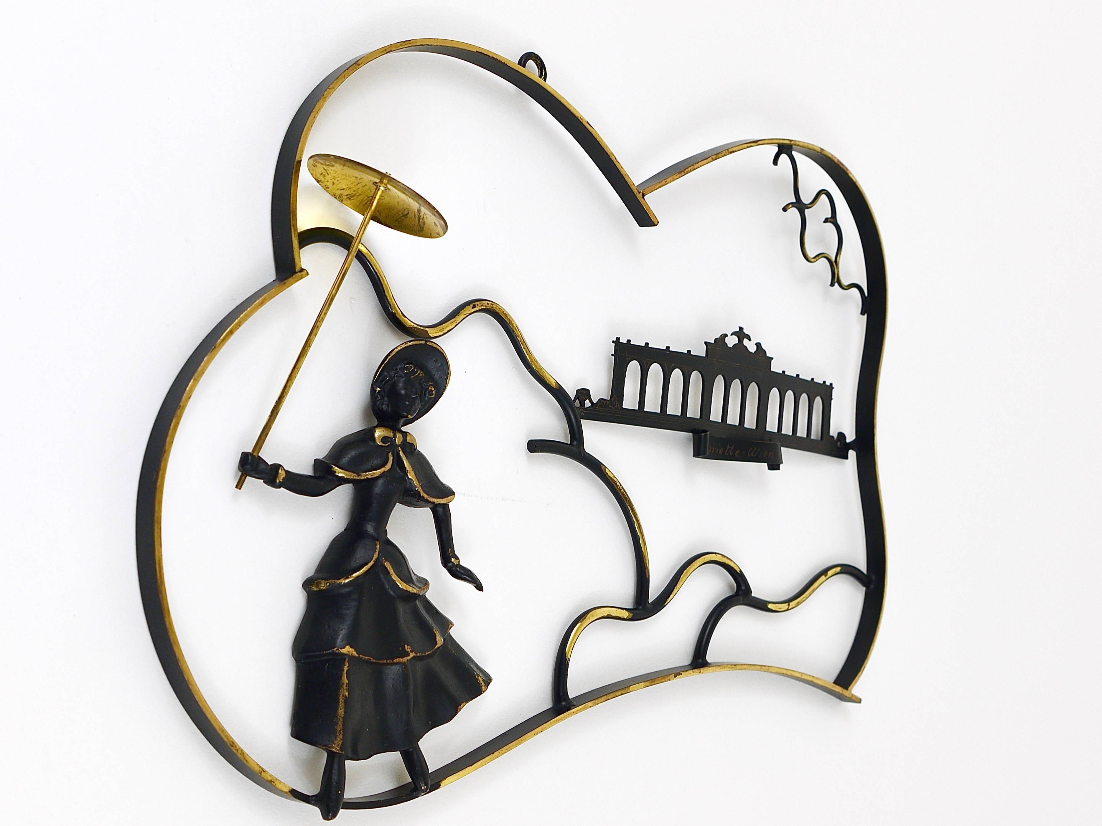 Walter Bosse Woman in Biedermeier Dress Brass Wall Sculpture, Austria, 1950s For Sale 1