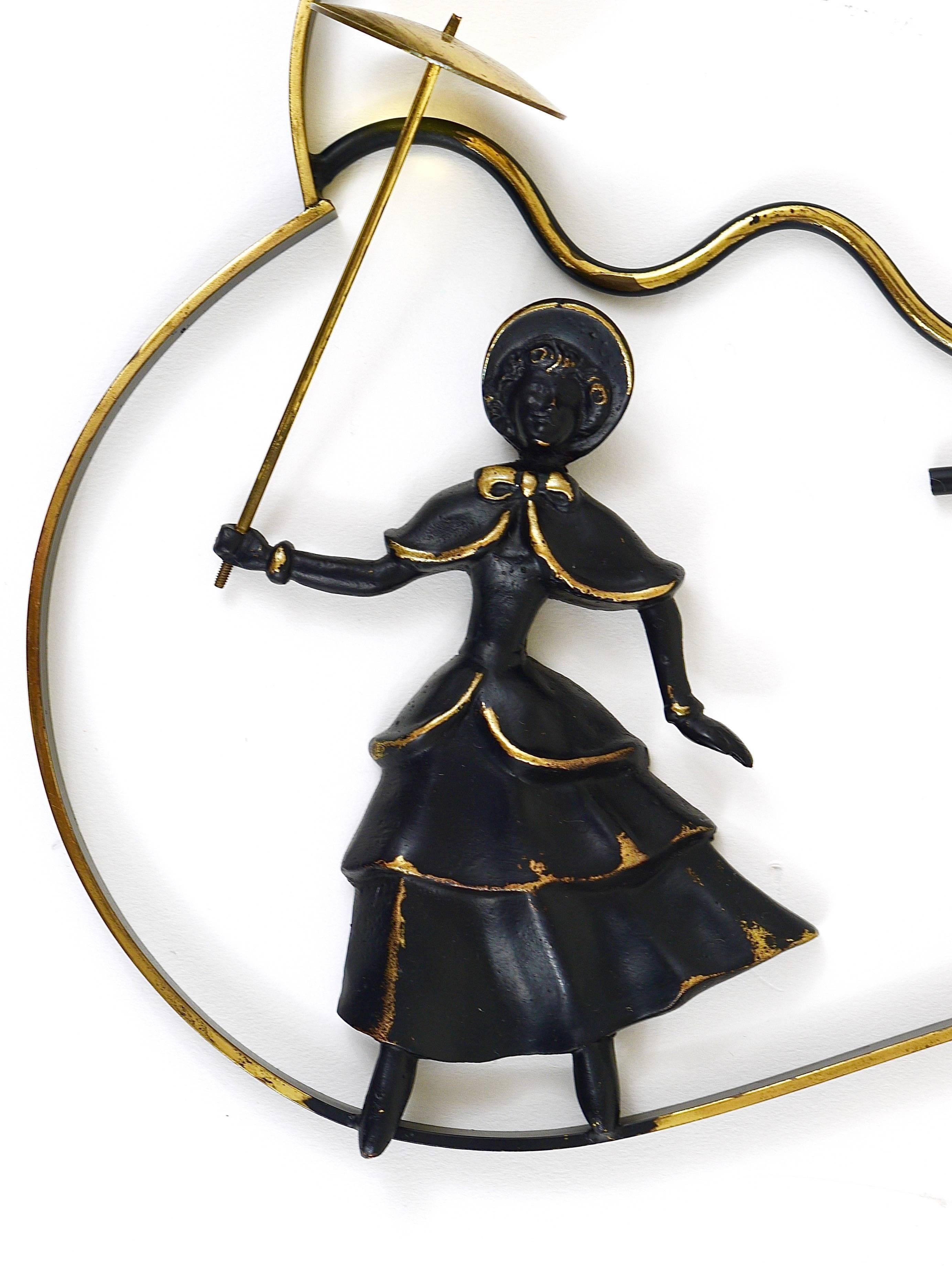Austrian Walter Bosse Woman in Biedermeier Dress Brass Wall Sculpture, Austria, 1950s For Sale